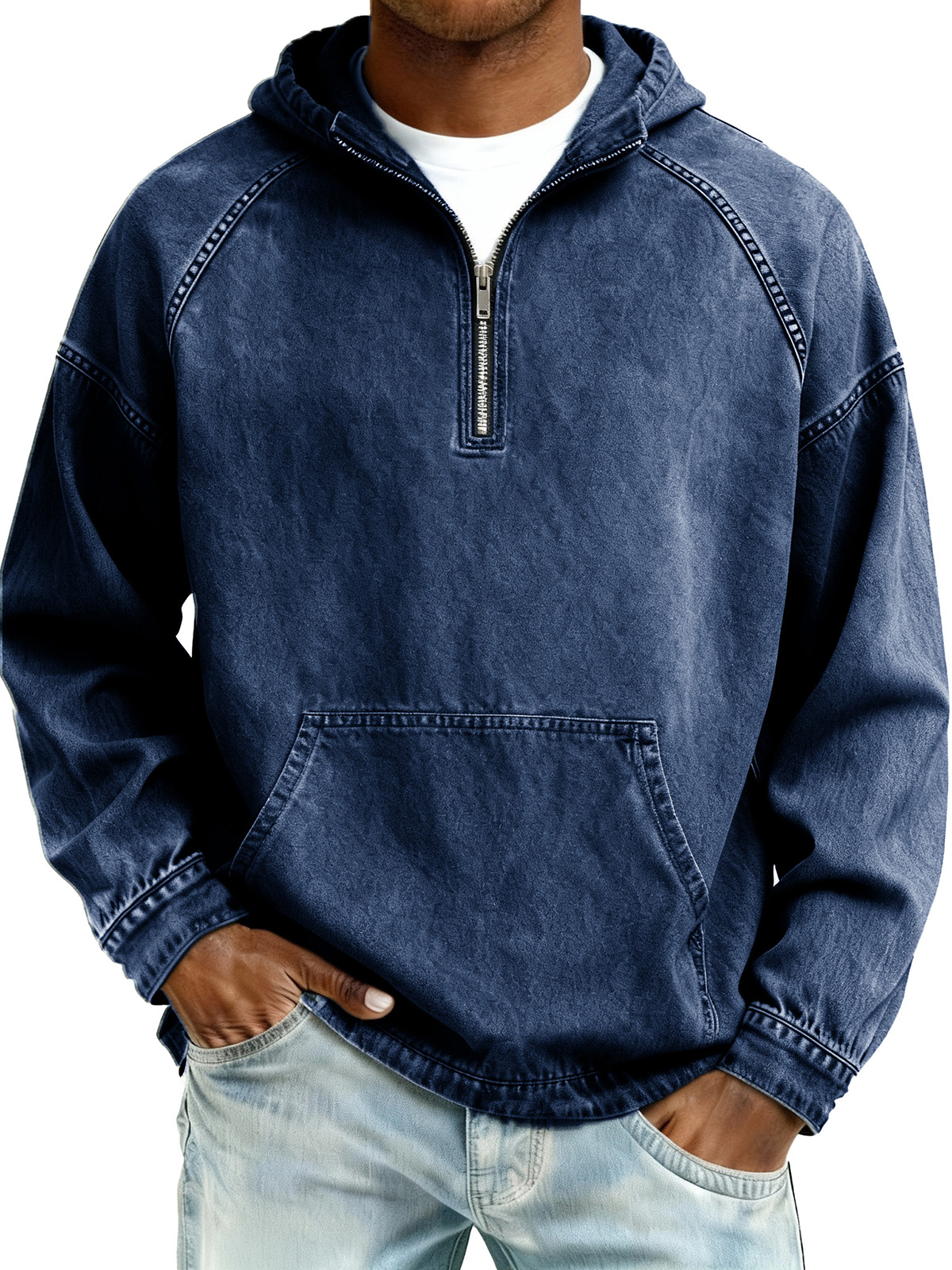 Men's Retro Fashion Distressed Raglan Sleeve Pocket Hooded Sweatshirt