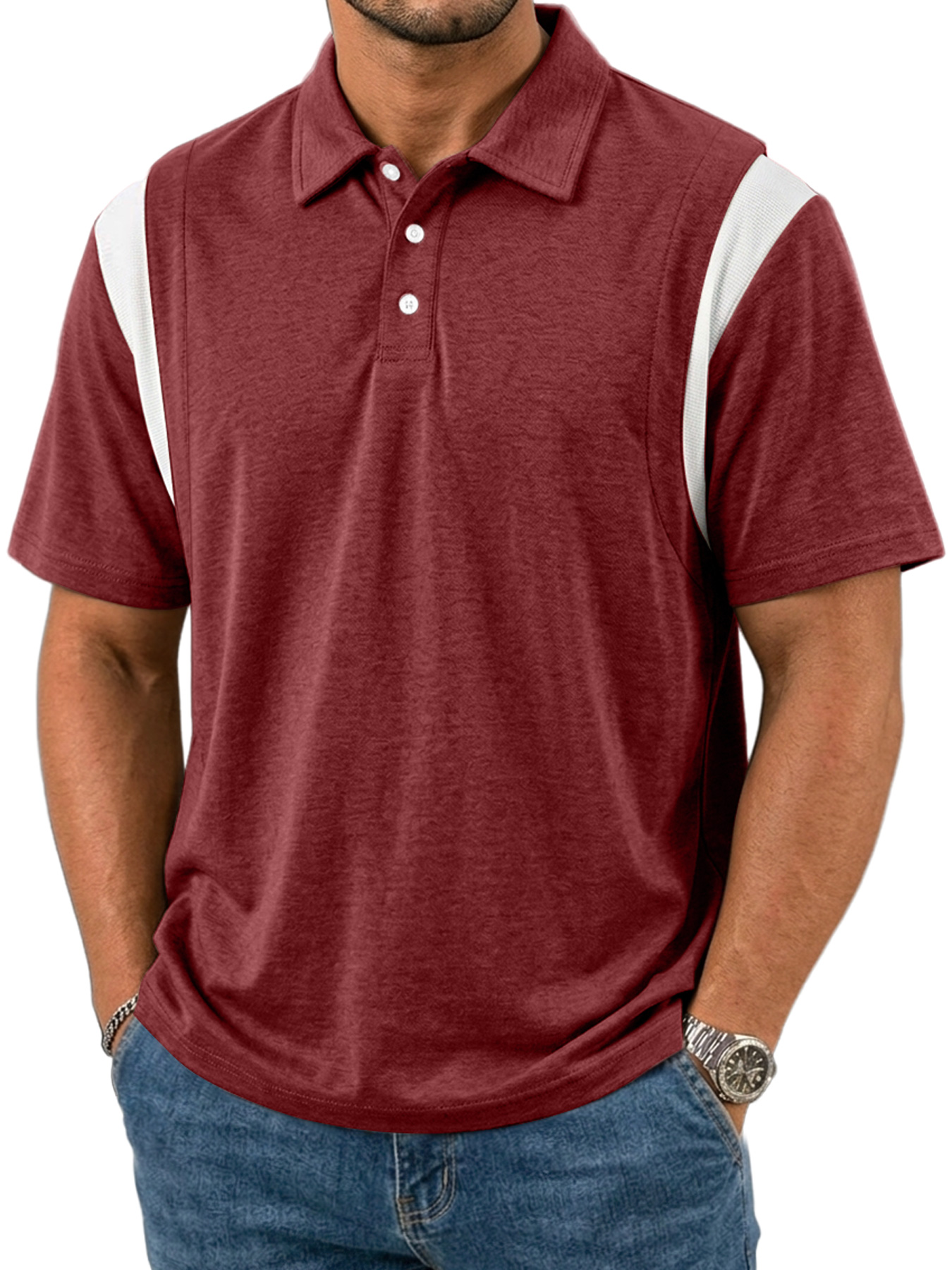 Men's Patchwork Design Collared Button Casual Short-sleeved Polo Shirt