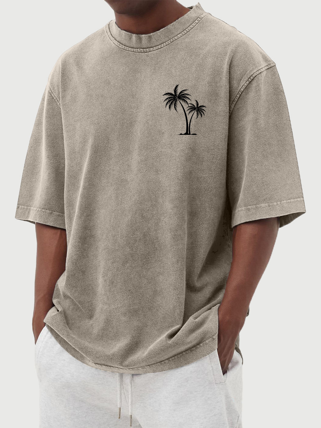 Men's Cotton Washed Distressed Palm Tree Print Short Sleeved Round Neck T-shirt