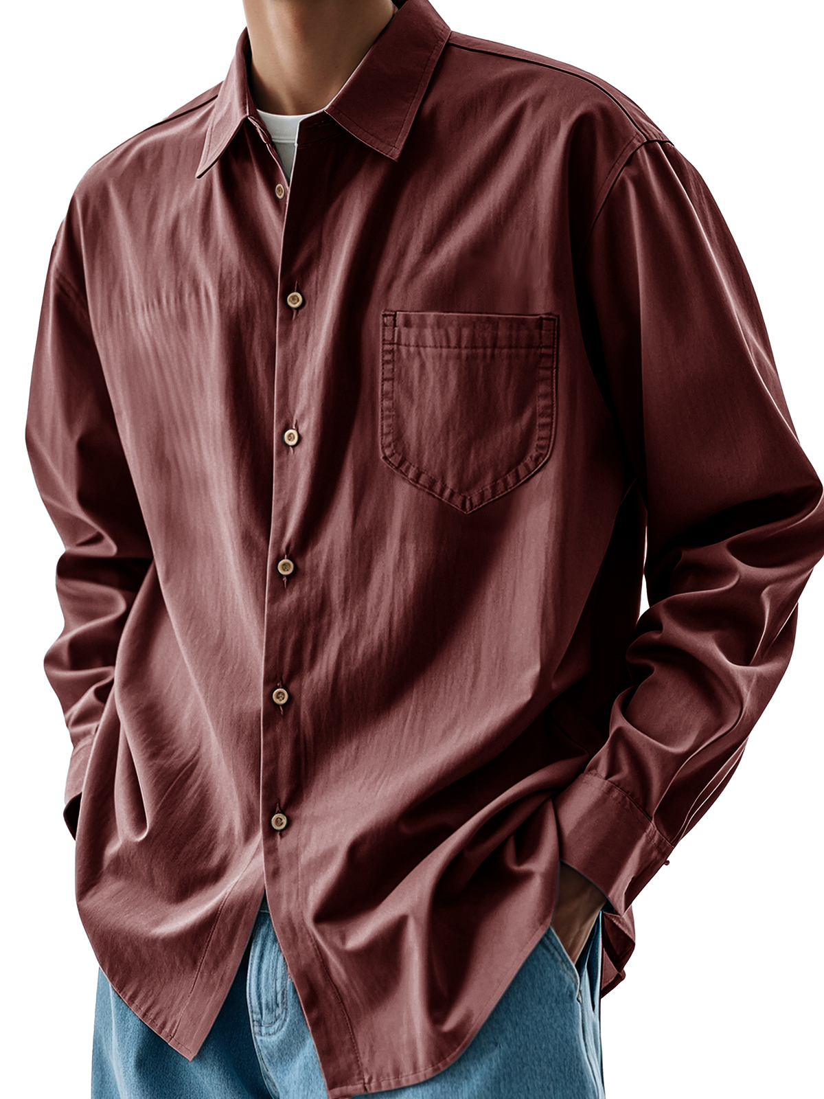 Men's Fashion Casual Pleated Fabric Pocket Lapel Long-sleeved Shirt