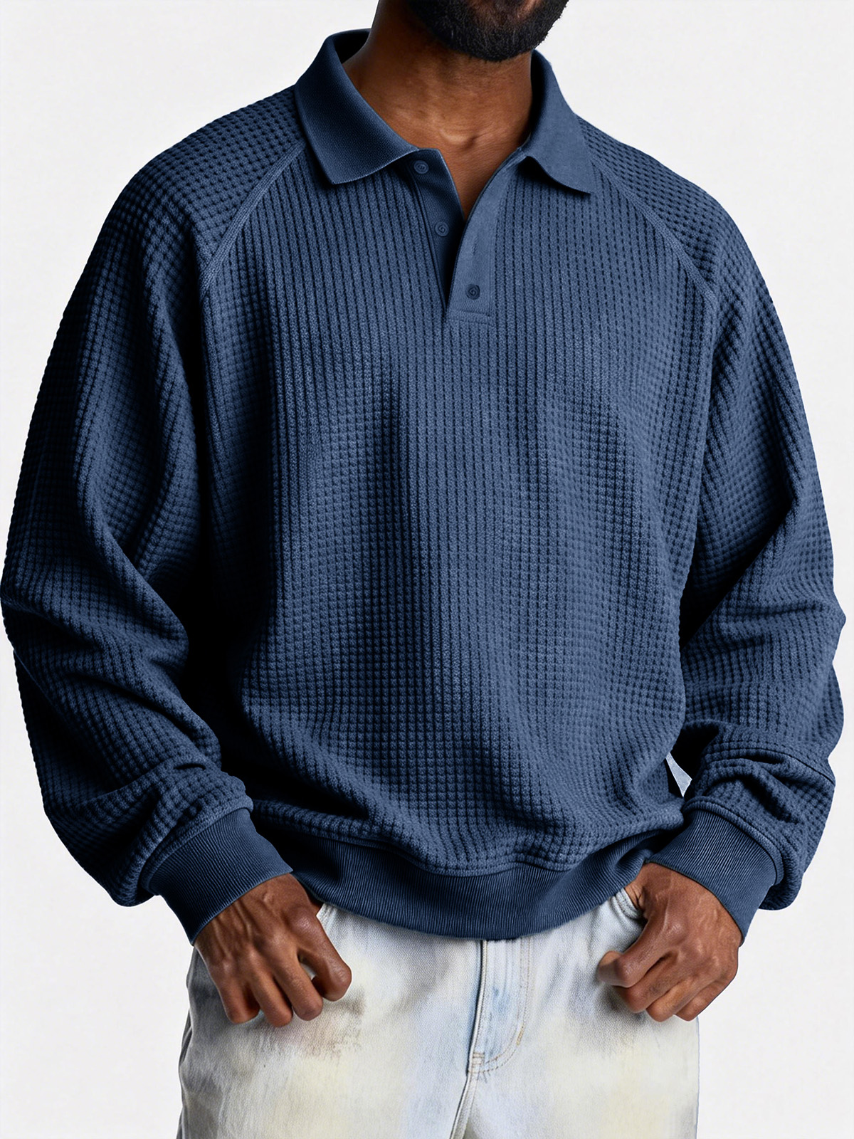 Men's Fashionable Casual Waffle Fabric Raglan Loose-Fit Collar Polo Shirt