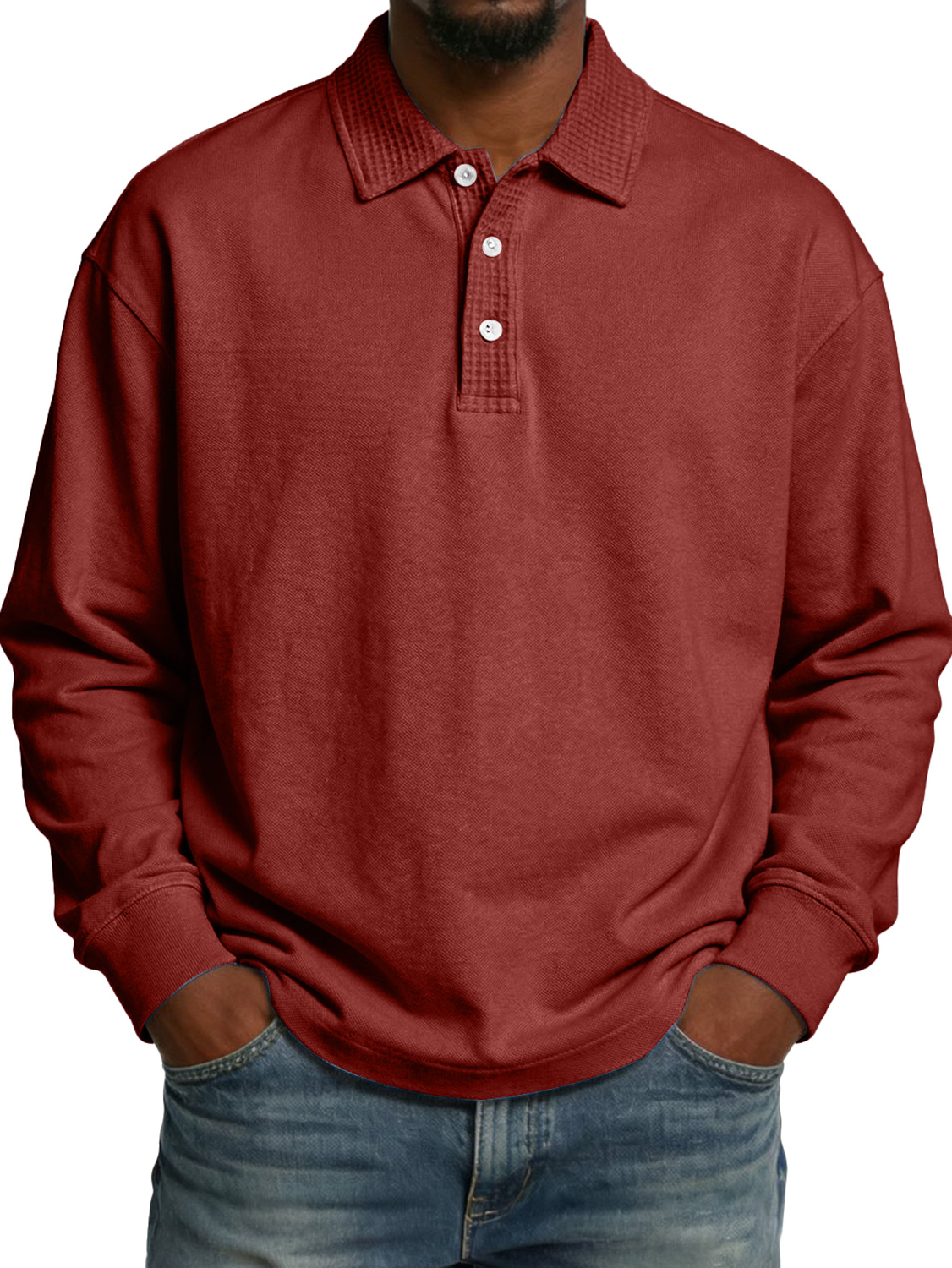 Men's Lapel Button-up Waffle-knit Patchwork Casual Long-sleeved Polo Shirt