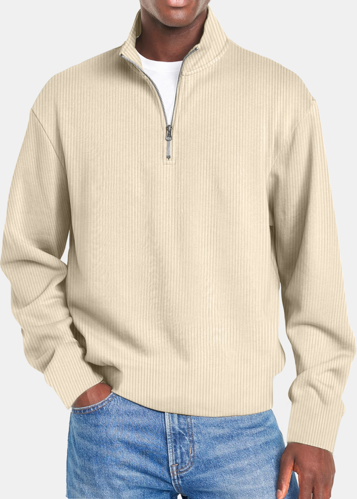 Men's Autumn Simple Vertical Strip Comfortable Zipper Long-sleeved Polo Shirt