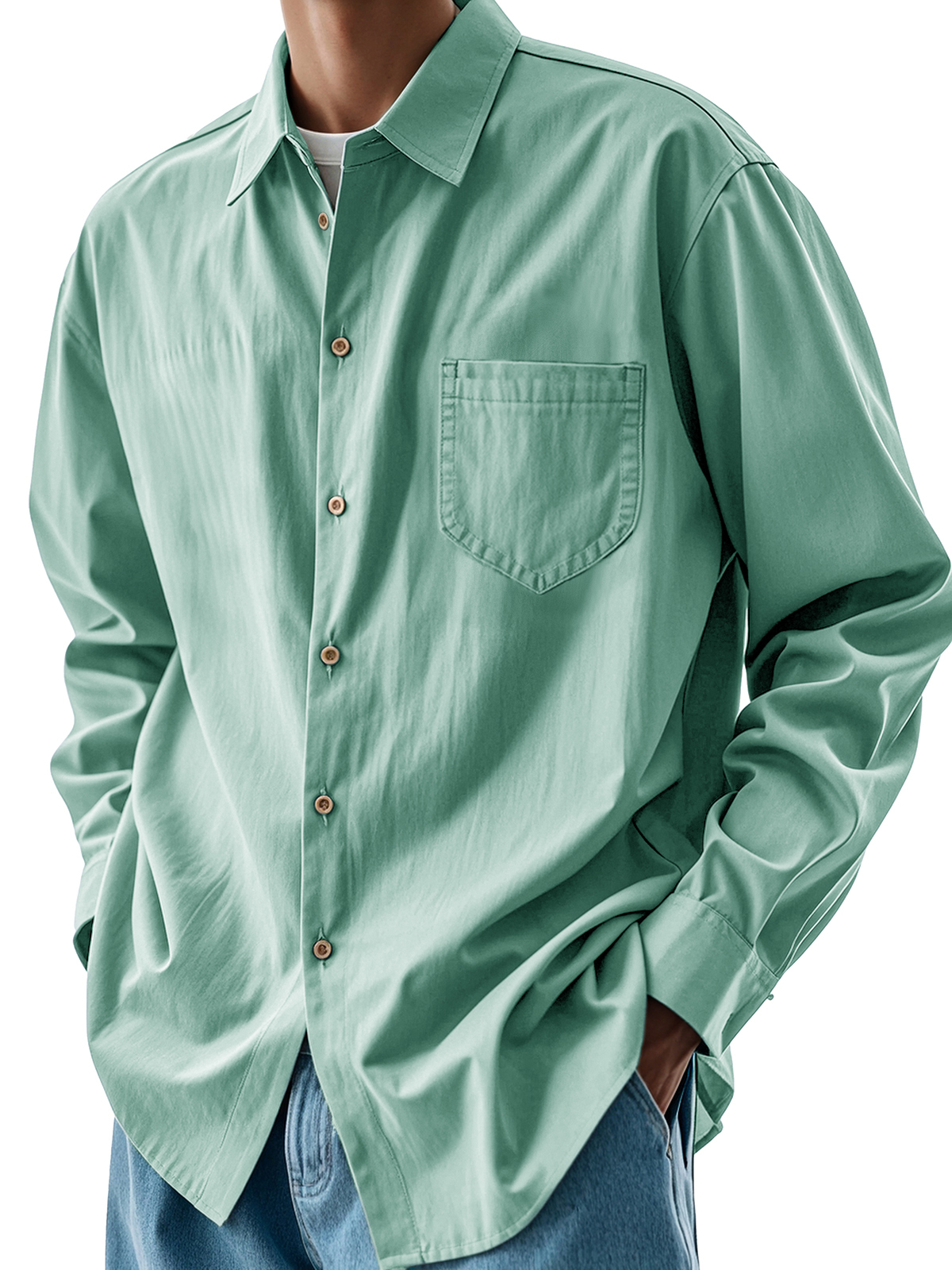 Men's Fashion Casual Pleated Fabric Pocket Lapel Long-sleeved Shirt