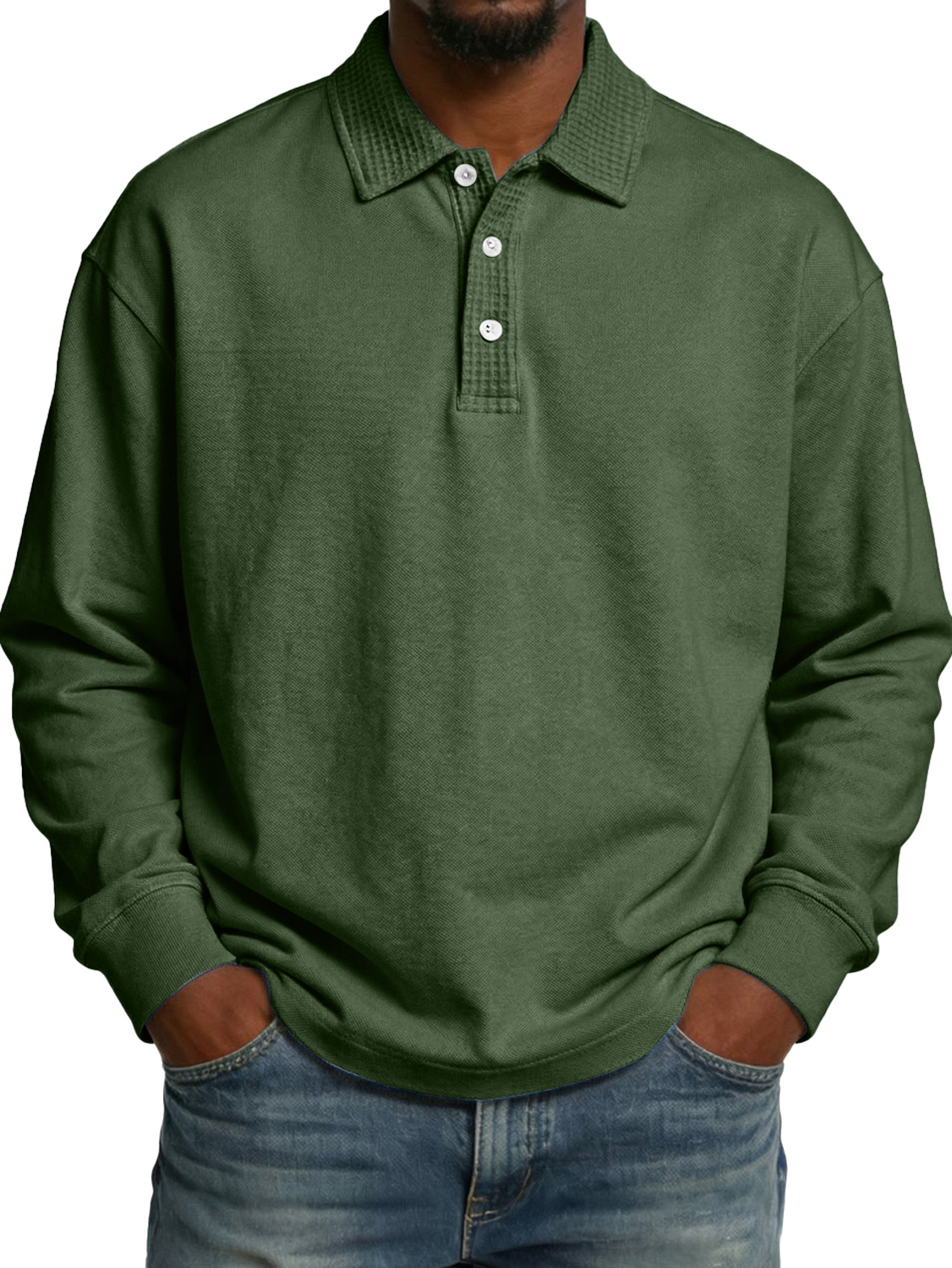 Men's Lapel Button-up Waffle-knit Patchwork Casual Long-sleeved Polo Shirt