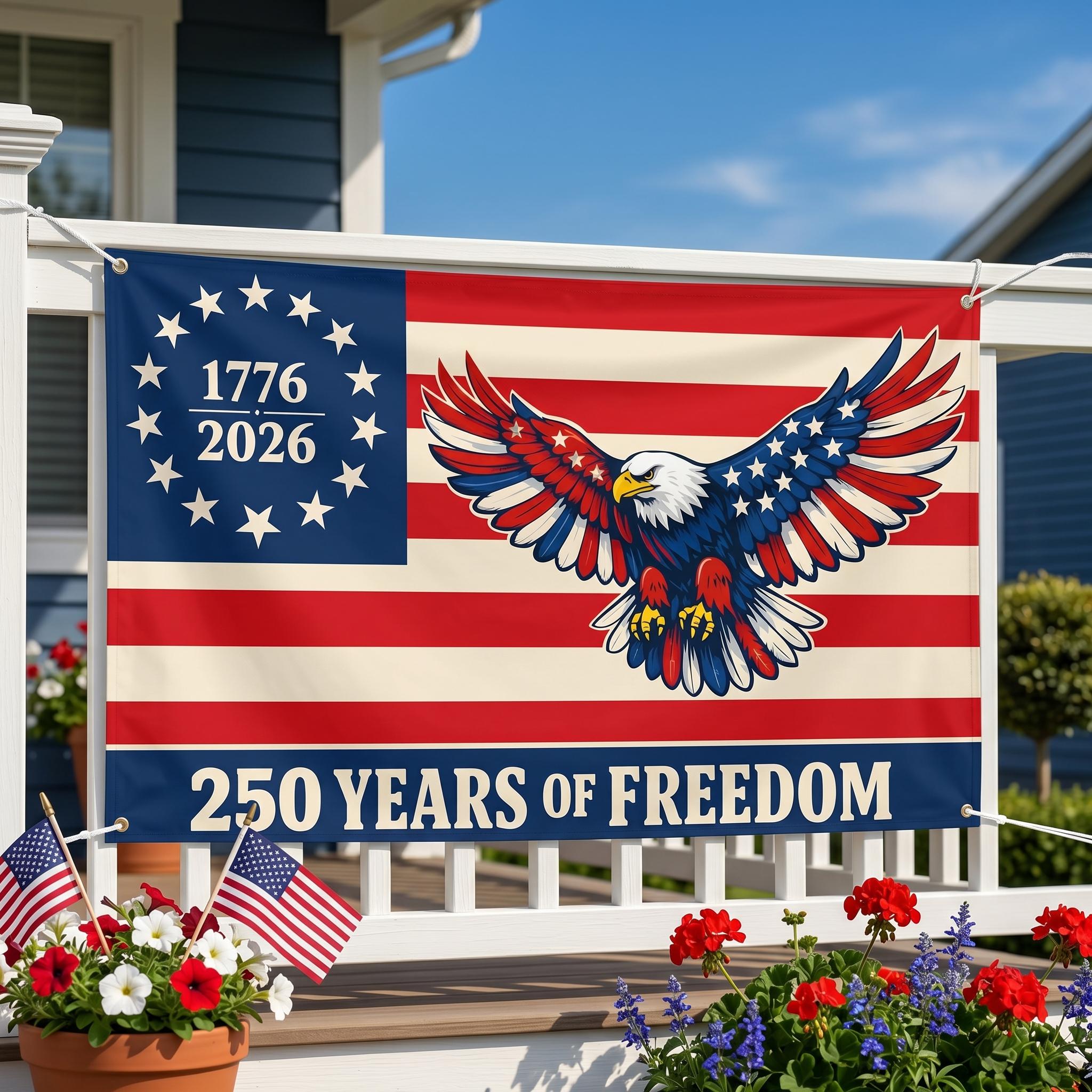 USA Betsy Ross Eagle Flag – 250 Years of Freedom Banner, Patriotic Outdoor Decor