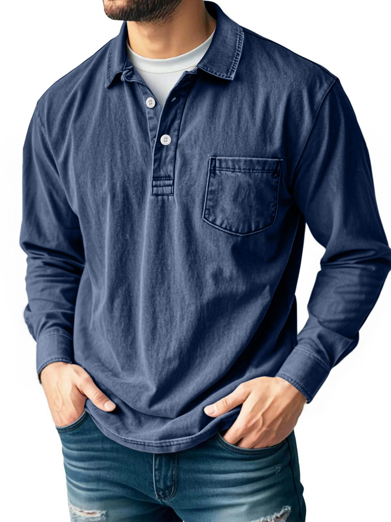 Men’s Vintage Wash Long Sleeve Henley Shirt with Chest Pocket