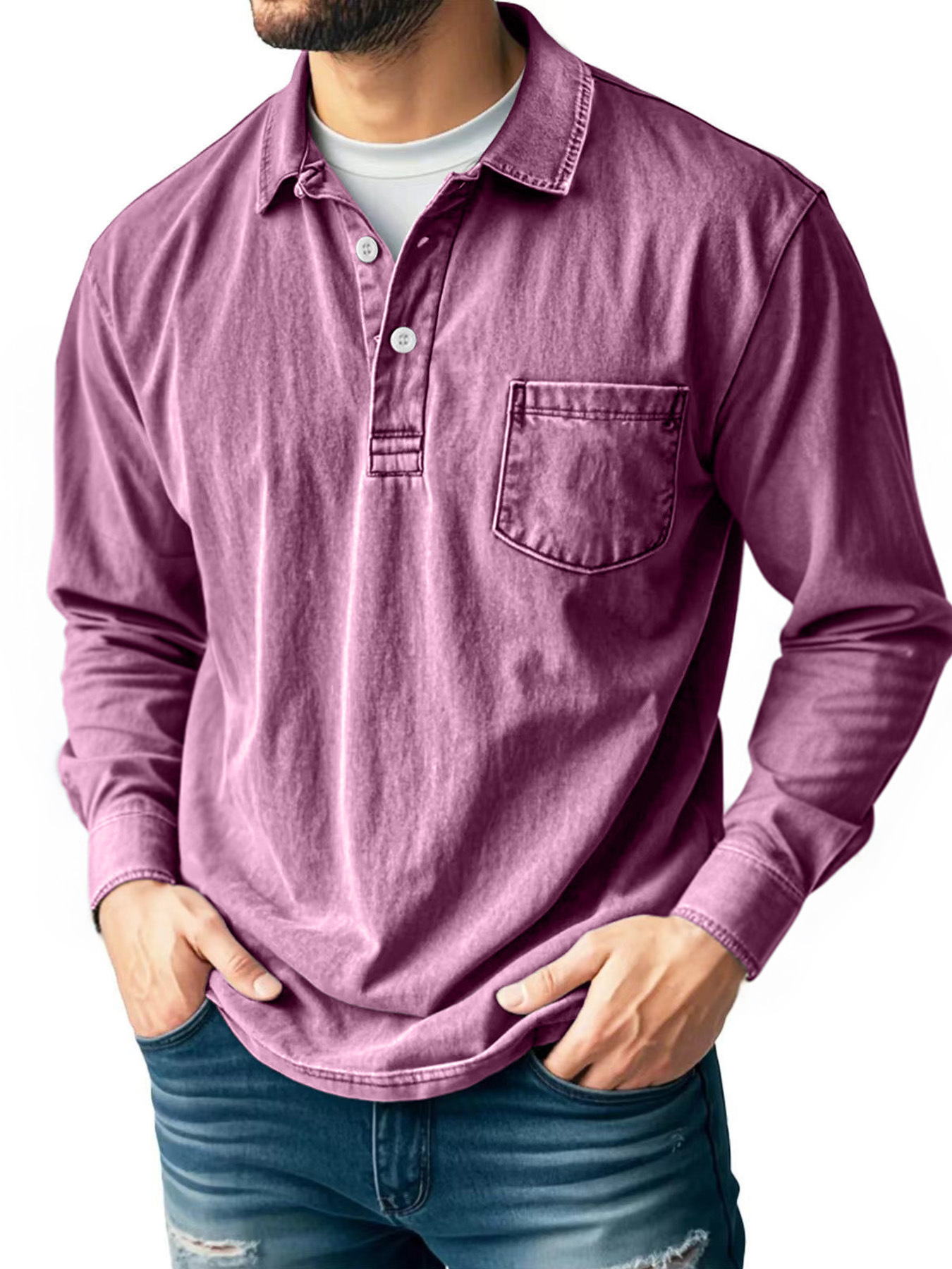 Men’s Vintage Wash Long Sleeve Henley Shirt with Chest Pocket