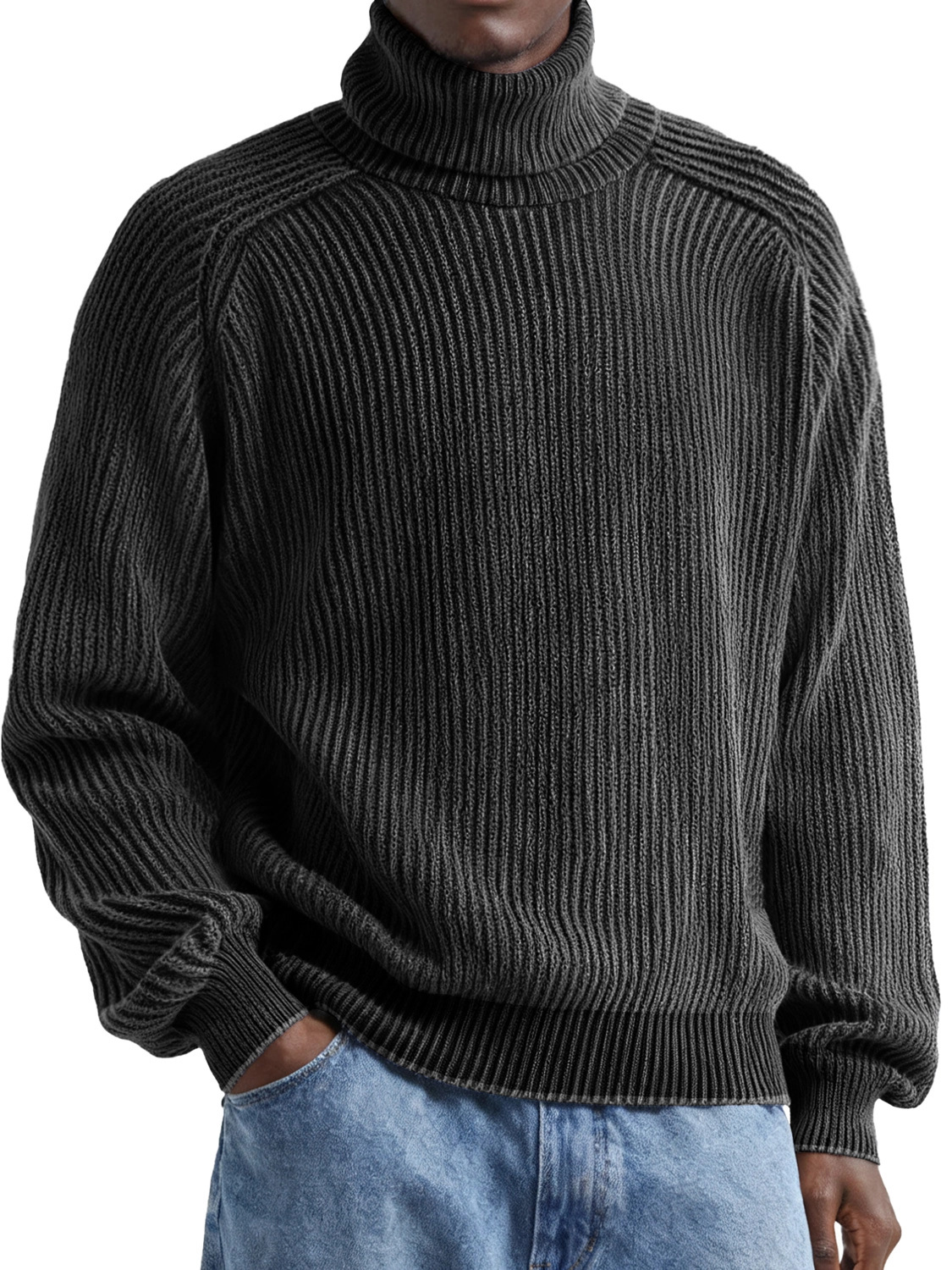 Men's solid color turtleneck corduroy long-sleeved retro-style warm top