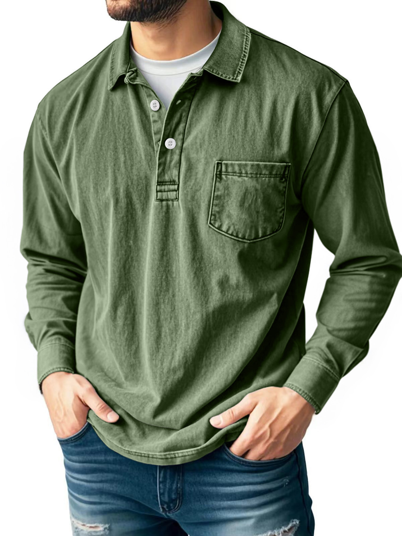 Men’s Vintage Wash Long Sleeve Henley Shirt with Chest Pocket