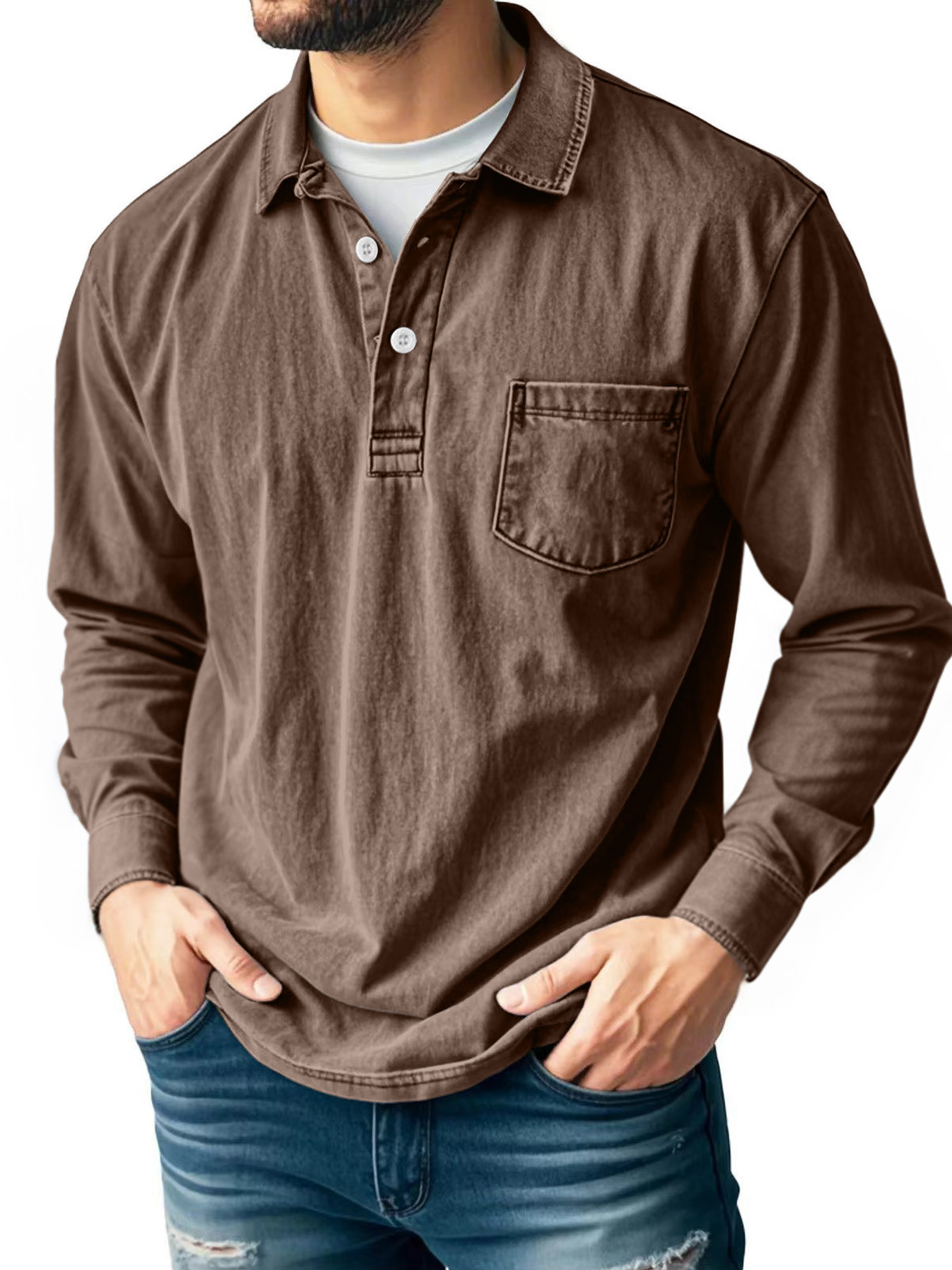 Men’s Vintage Wash Long Sleeve Henley Shirt with Chest Pocket