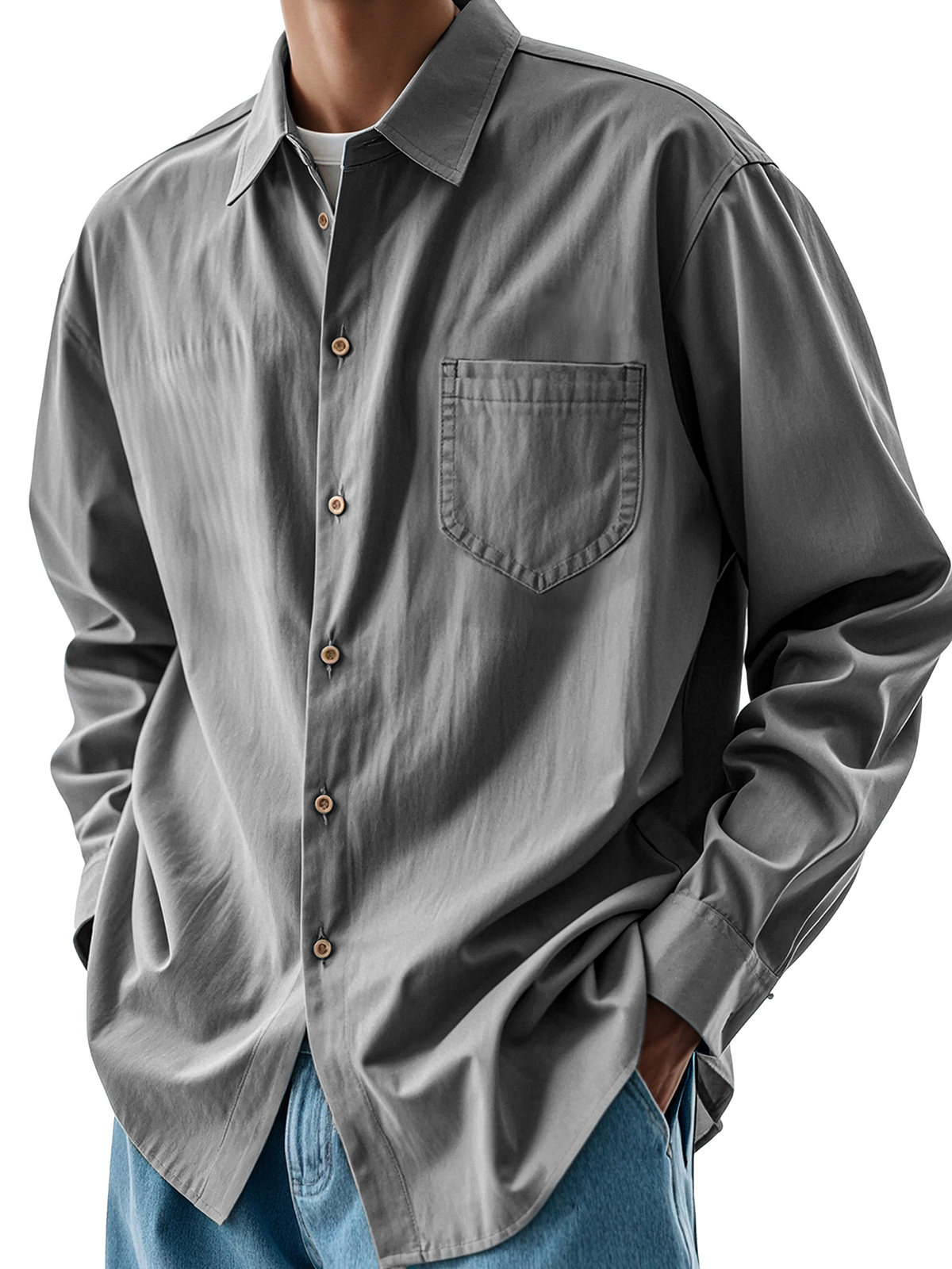 Men's Fashion Casual Pleated Fabric Pocket Lapel Long-sleeved Shirt