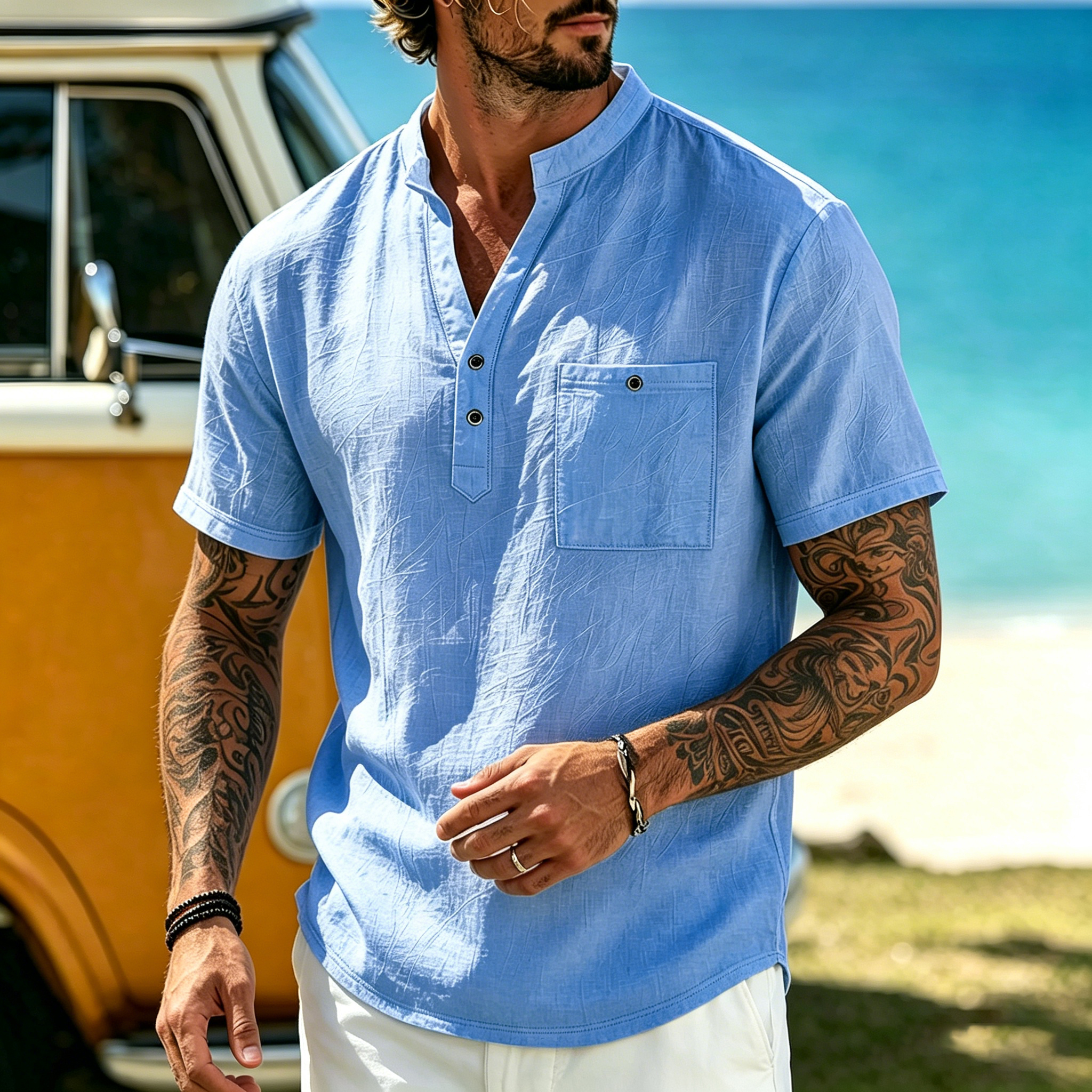 Men's Vacation Linen V-Neck Short Sleeve Shirt