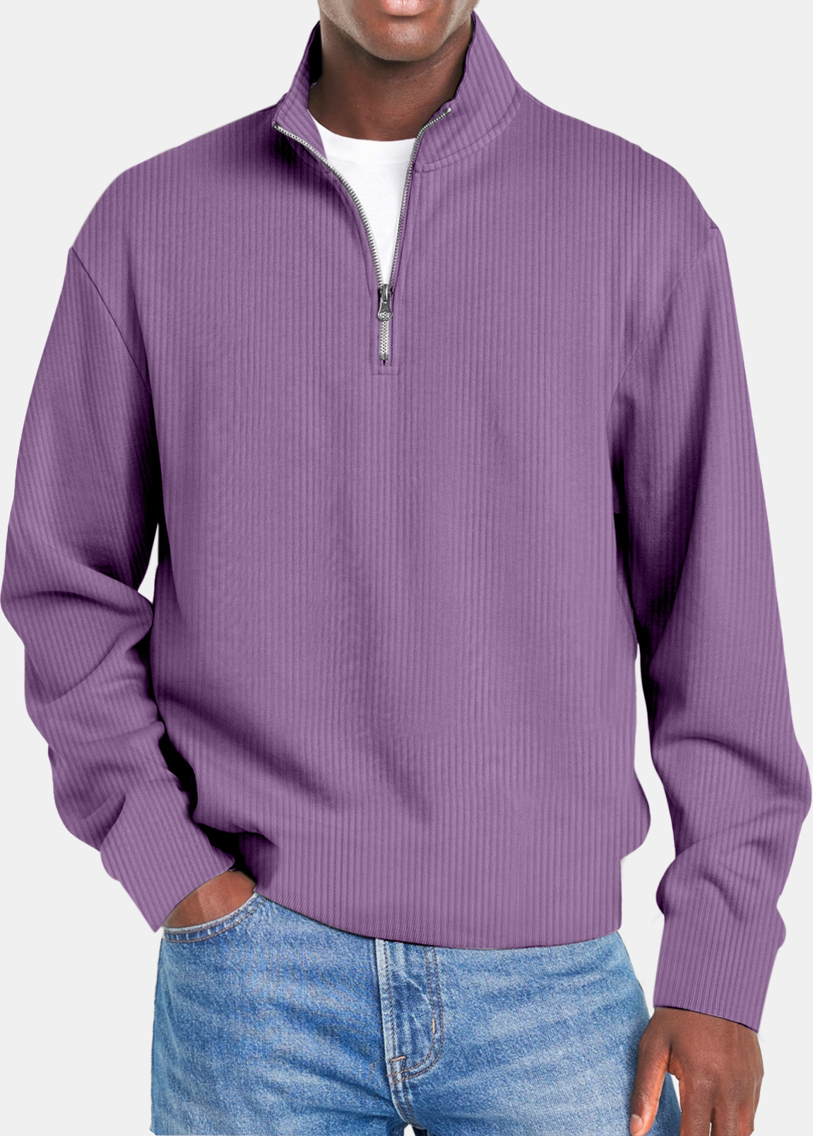 Men's Autumn Simple Vertical Strip Comfortable Zipper Long-sleeved Polo Shirt