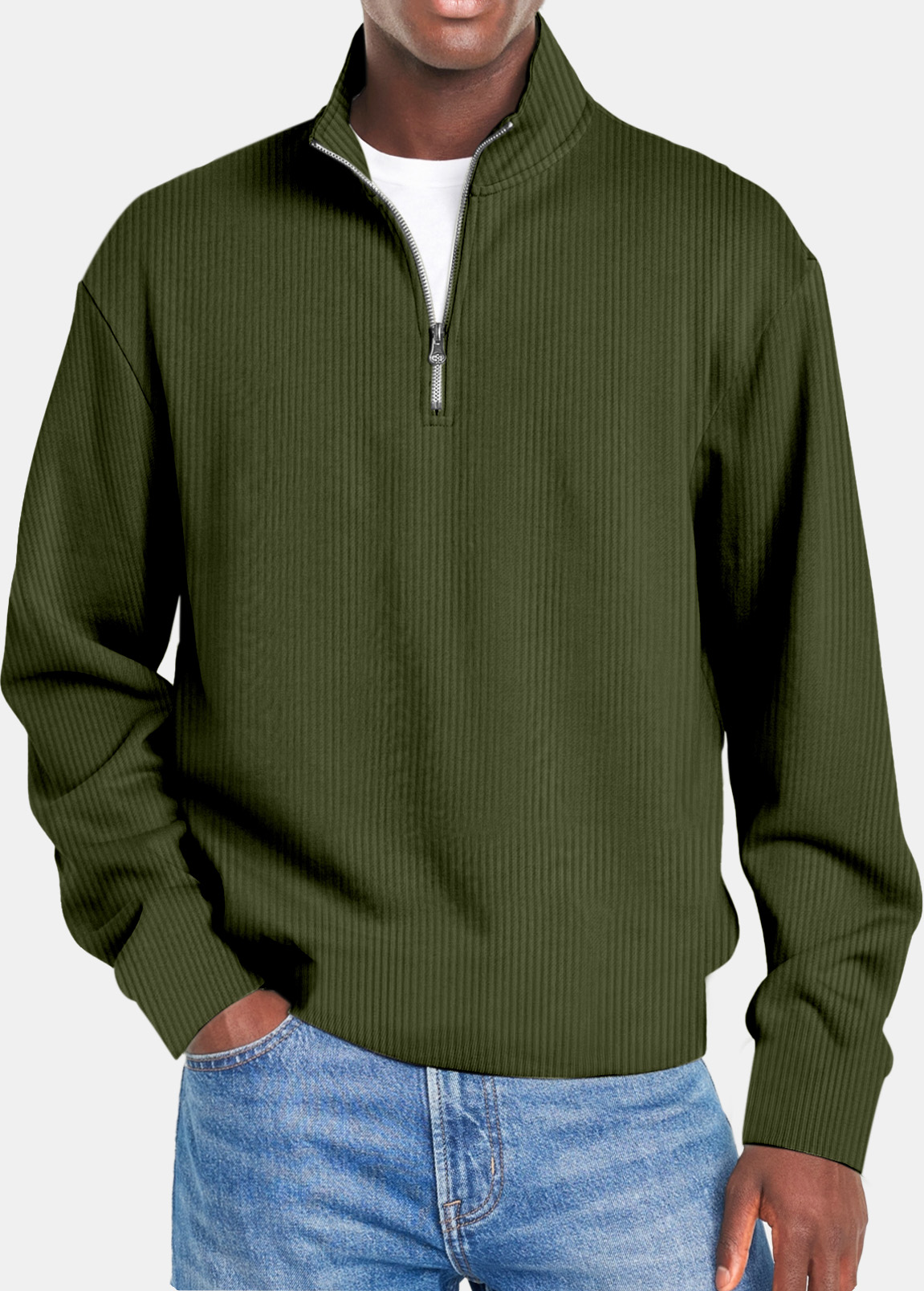 Men's Autumn Simple Vertical Strip Comfortable Zipper Long-sleeved Polo Shirt