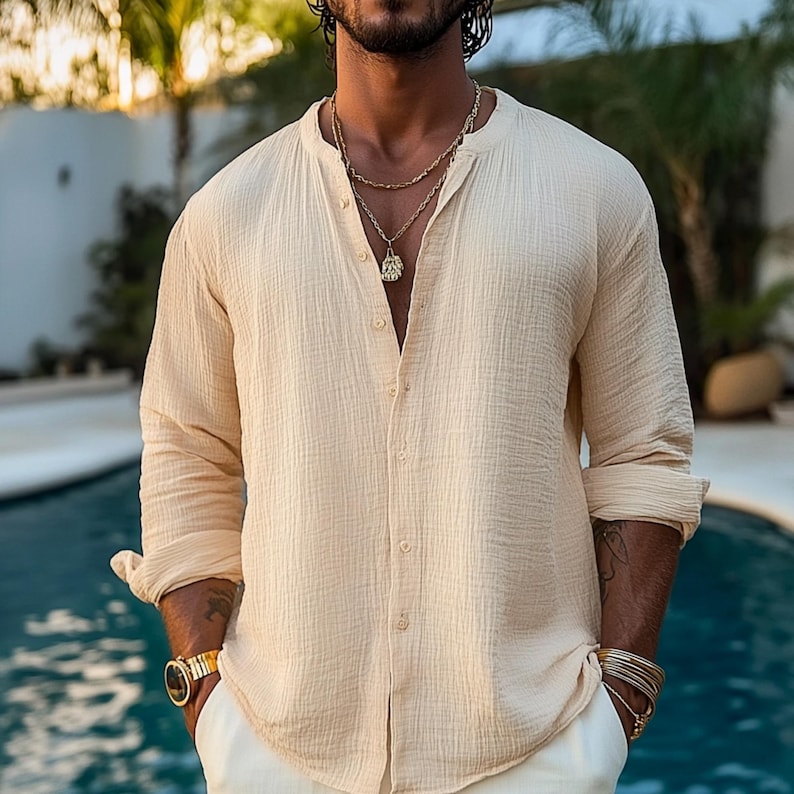 Men's Gauze Cotton Shirt: Boho Long Sleeve Muslin Top