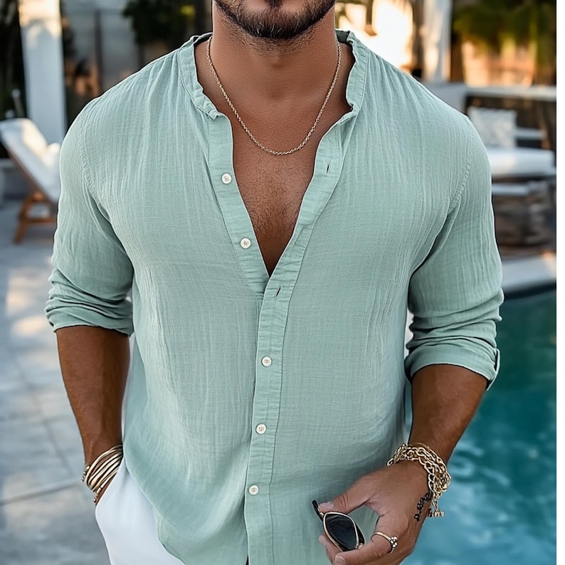 Men's Gauze Cotton Shirt: Boho Long Sleeve Muslin Top
