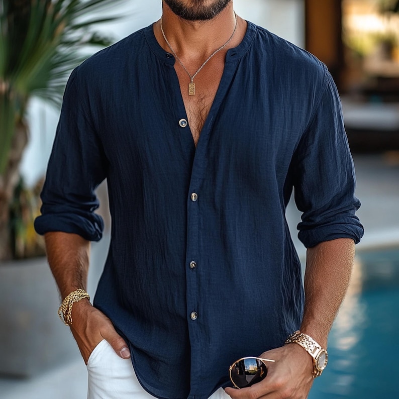 Men's Gauze Cotton Shirt: Boho Long Sleeve Muslin Top