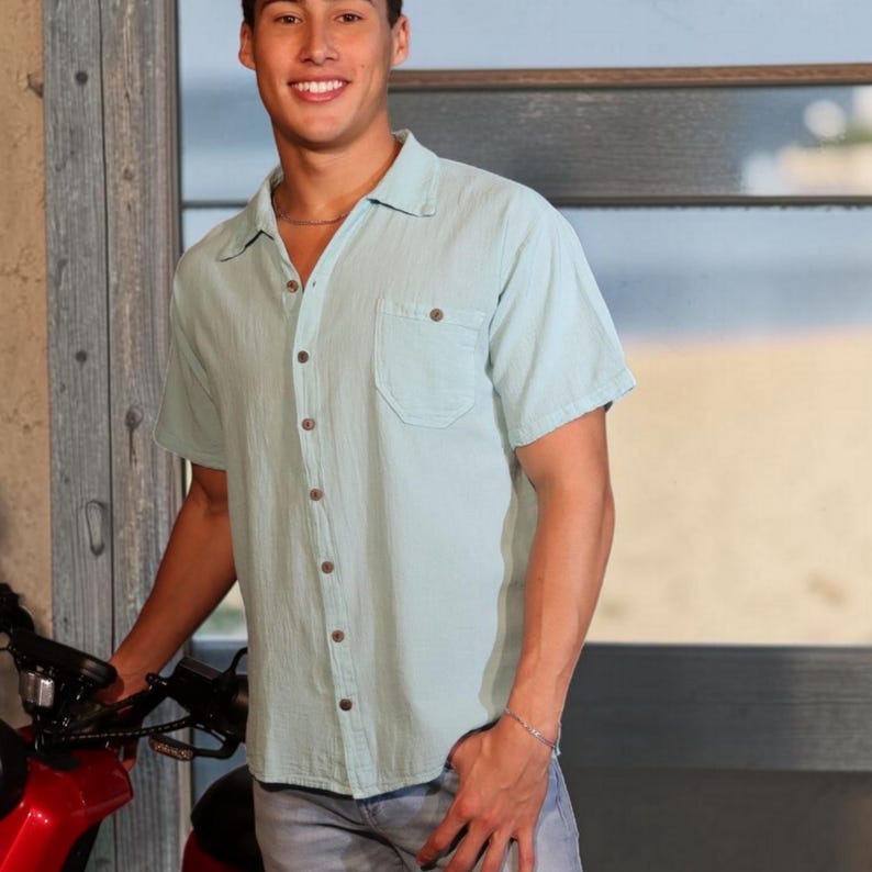 Men's Casual Organic Cotton Short Sleeve  Buttoned Casual Shirt
