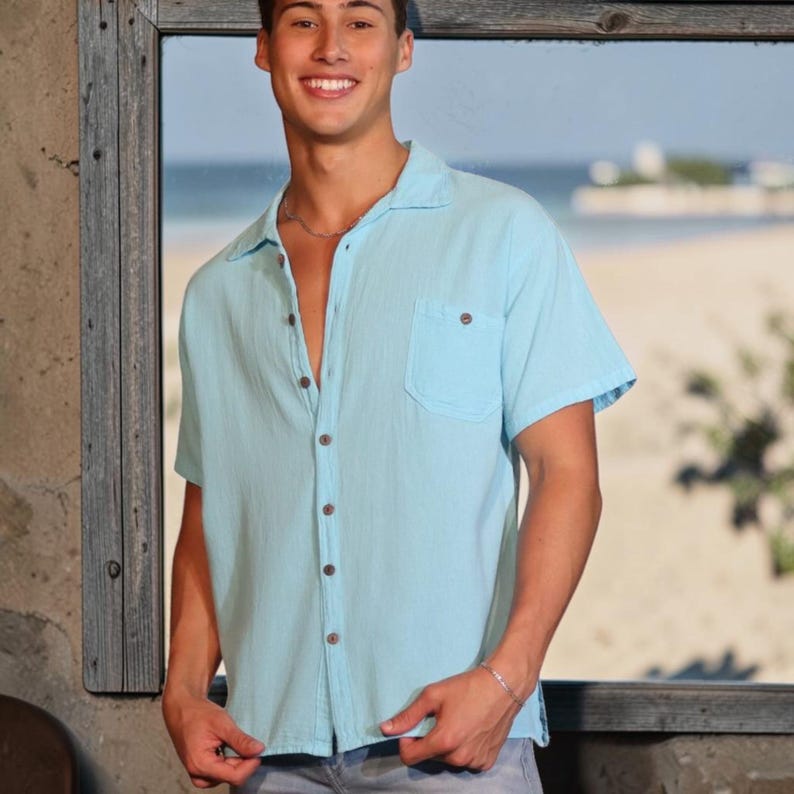 Men's Casual Organic Cotton Short Sleeve  Buttoned Casual Shirt