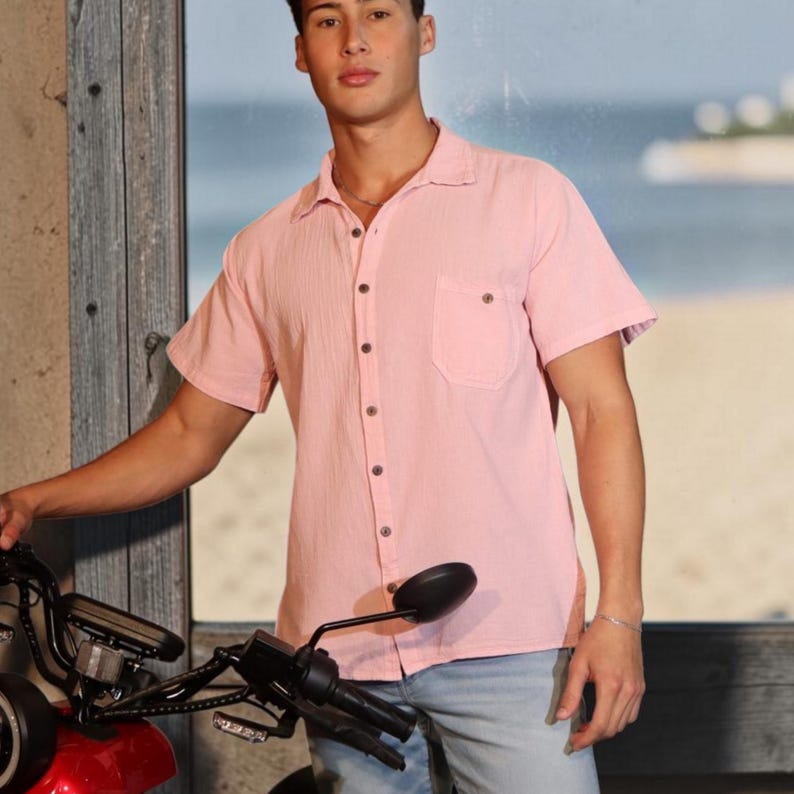 Men's Casual Organic Cotton Short Sleeve  Buttoned Casual Shirt