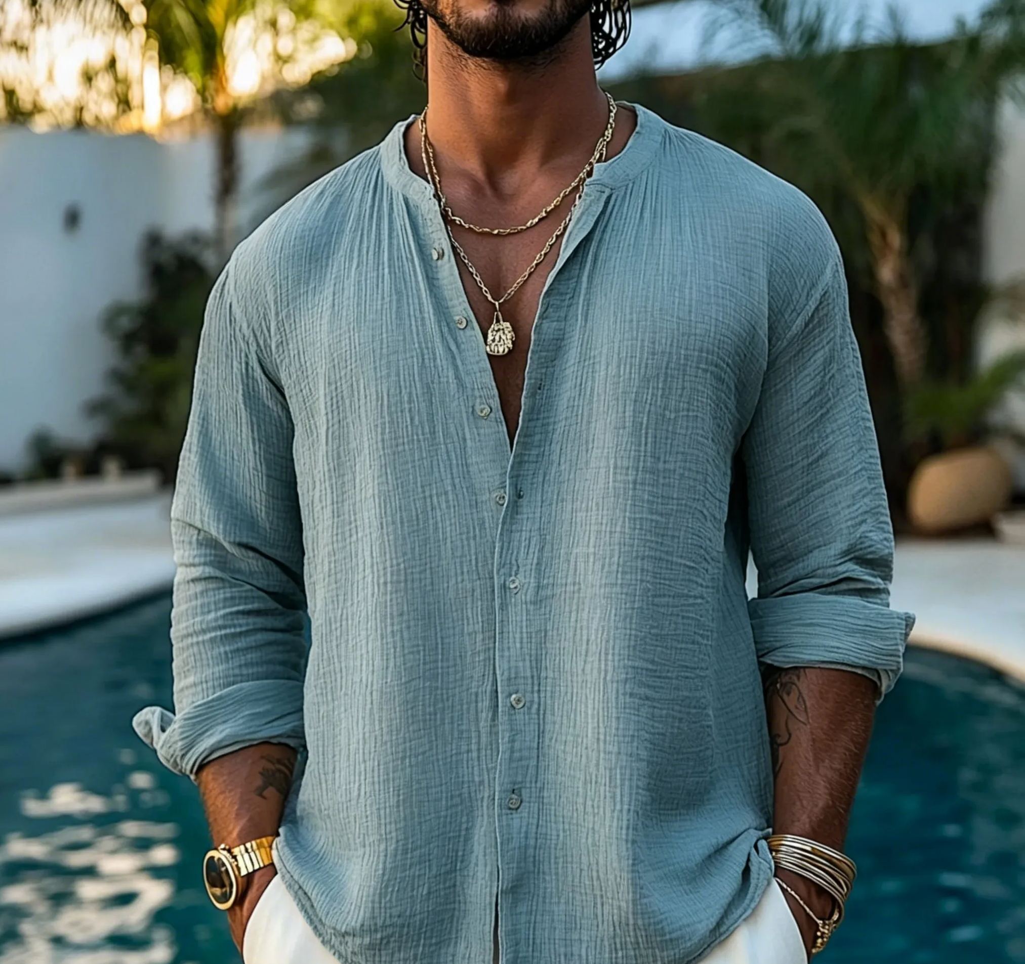 Men's Gauze Cotton Shirt: Boho Long Sleeve Muslin Top