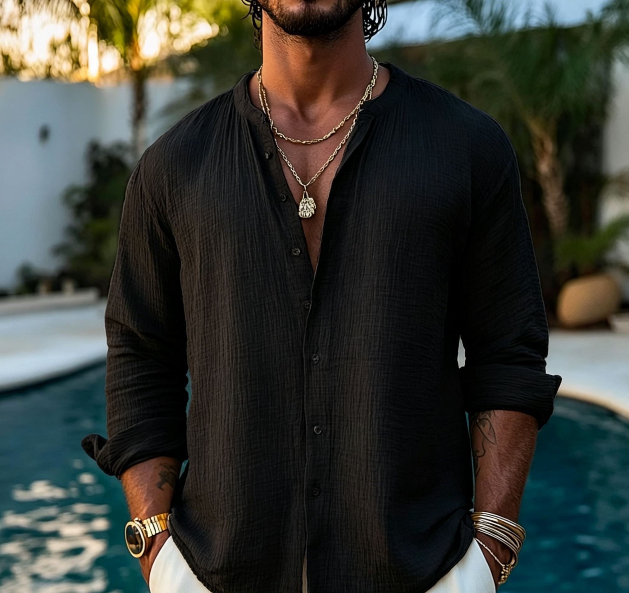Men's Gauze Cotton Shirt: Boho Long Sleeve Muslin Top