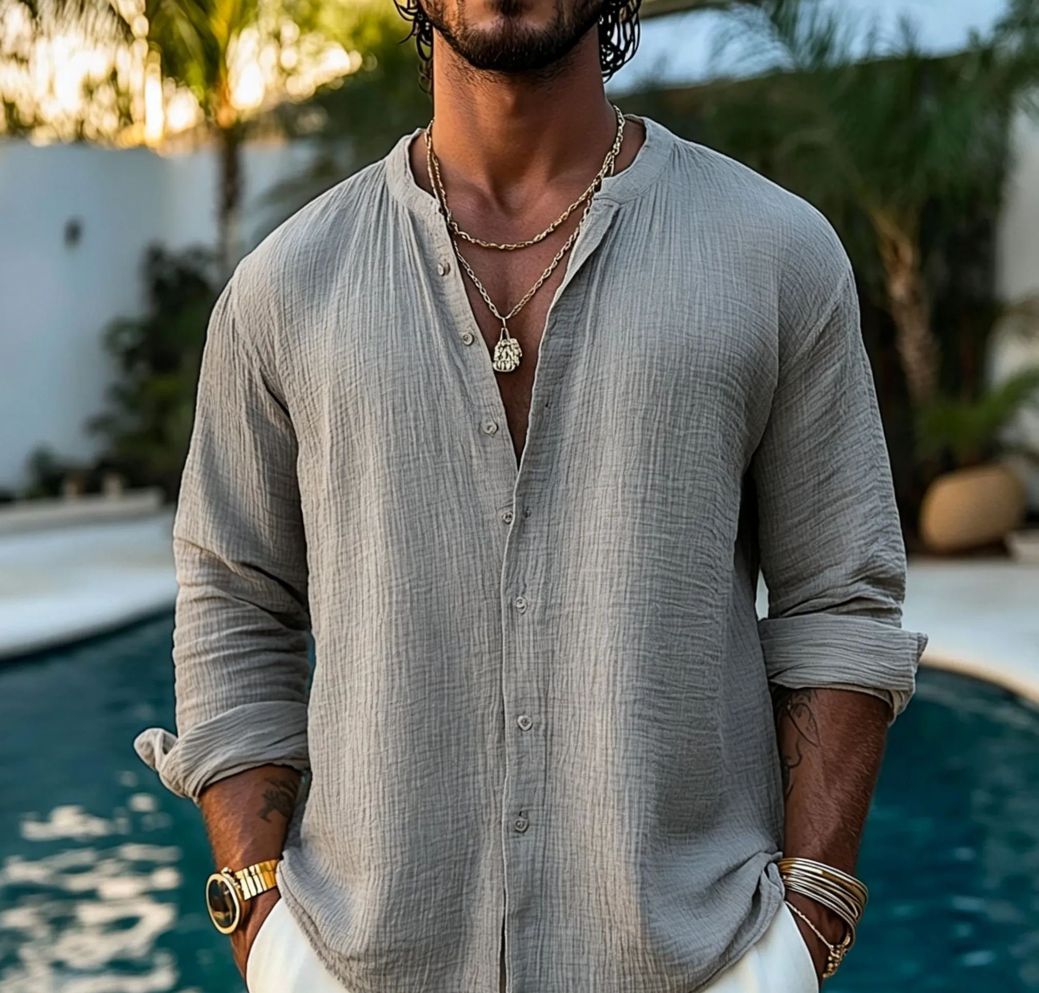 Men's Gauze Cotton Shirt: Boho Long Sleeve Muslin Top