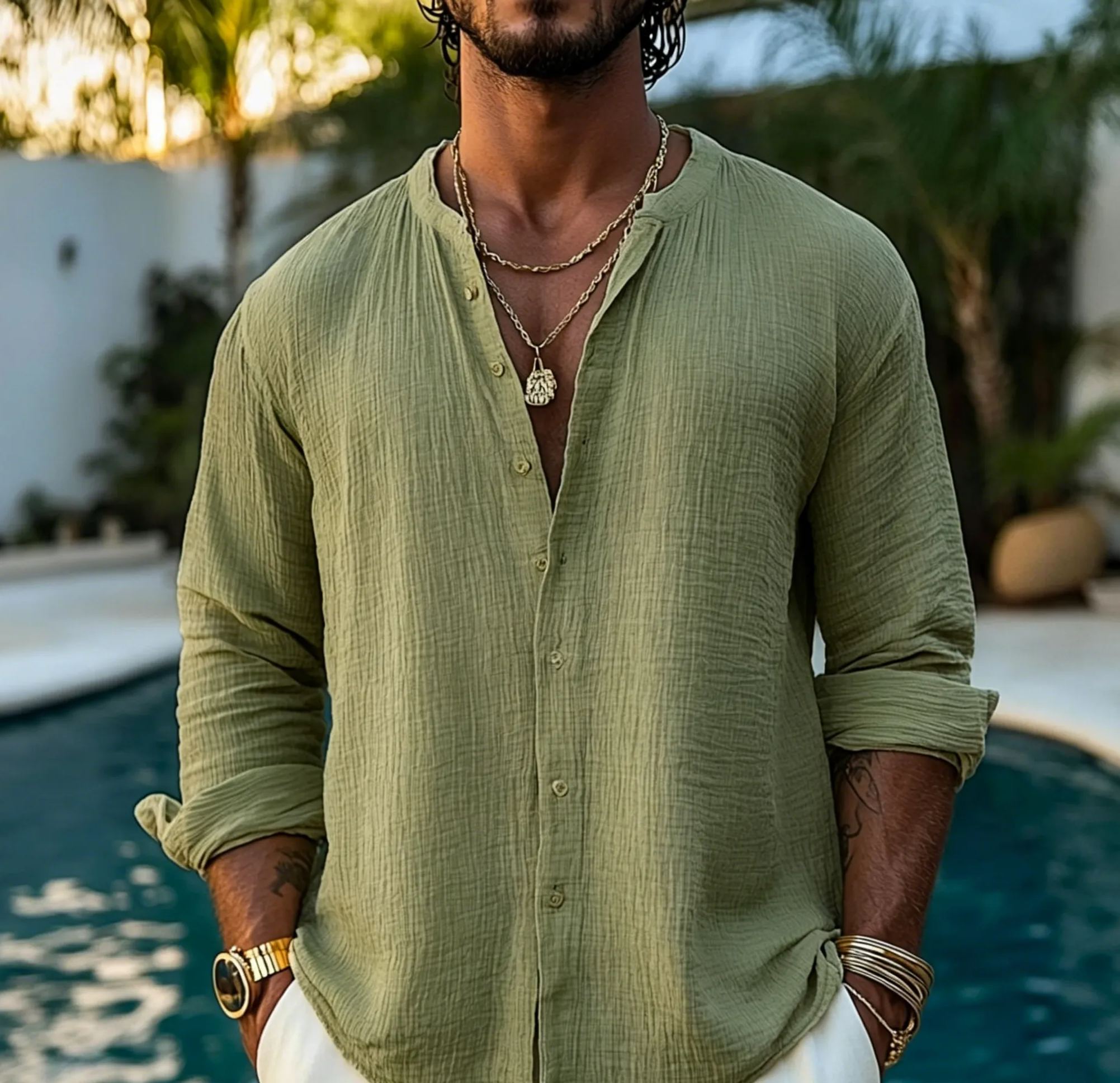 Men's Gauze Cotton Shirt: Boho Long Sleeve Muslin Top