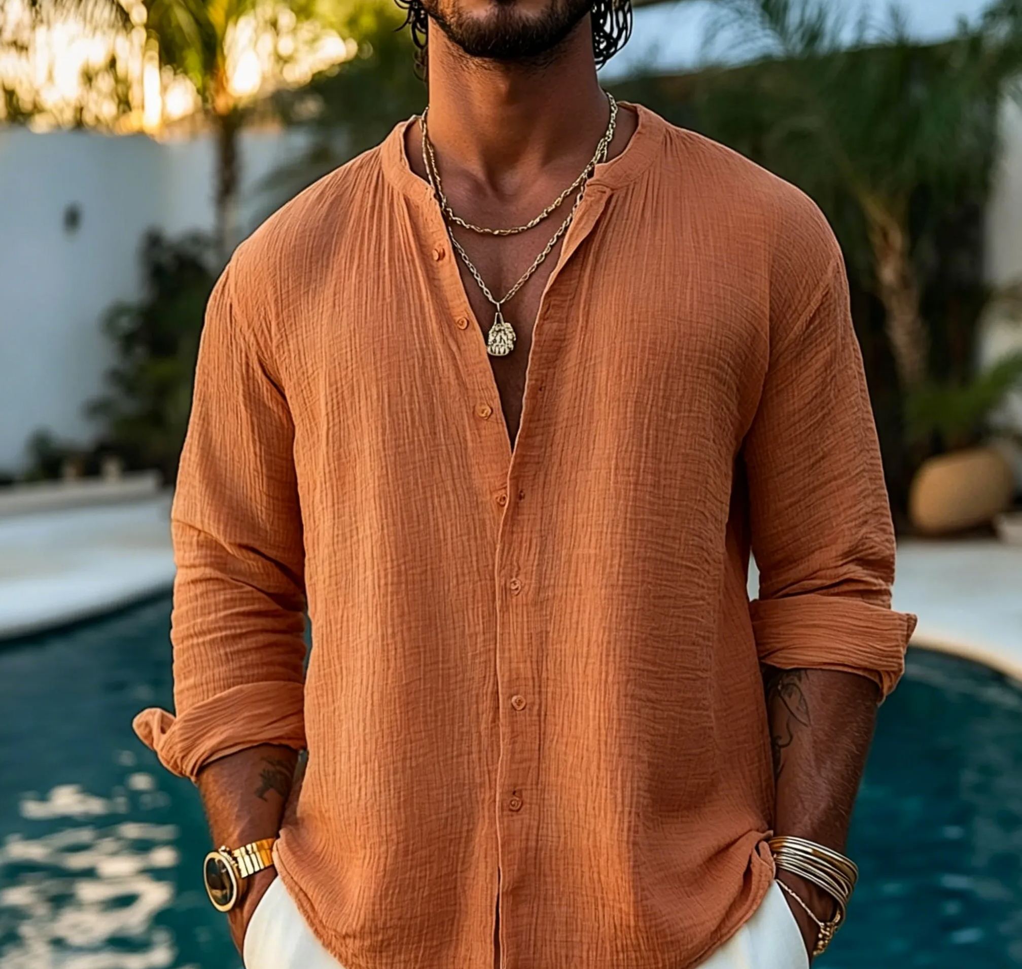 Men's Gauze Cotton Shirt: Boho Long Sleeve Muslin Top