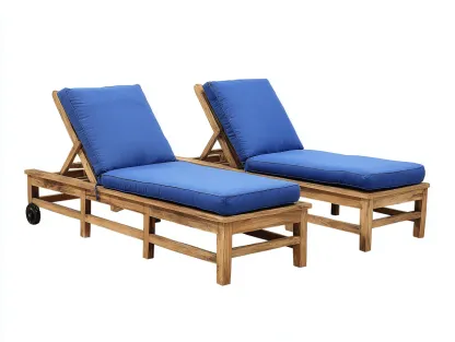 Tumbonas de madera conjunto 2 unidades 190x65x90 cm - color marrón y azul - diseño moderno para jardín con ruedas-Dololodecor