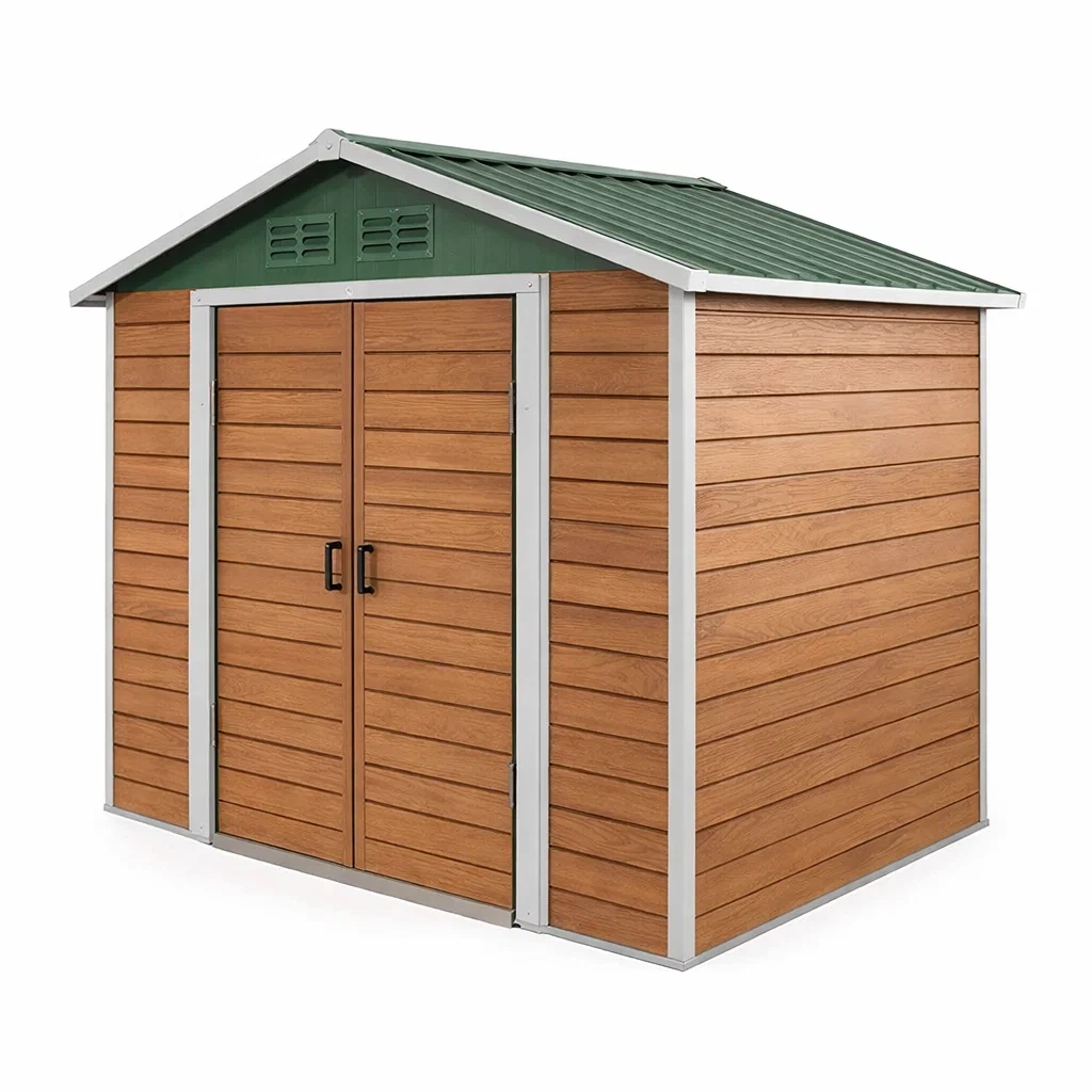 Gartenschuppen aus Stahlblech und WPC mit Doppeltür und Metalldach in Braun/Grün, 213x130x173 cm-furnzora