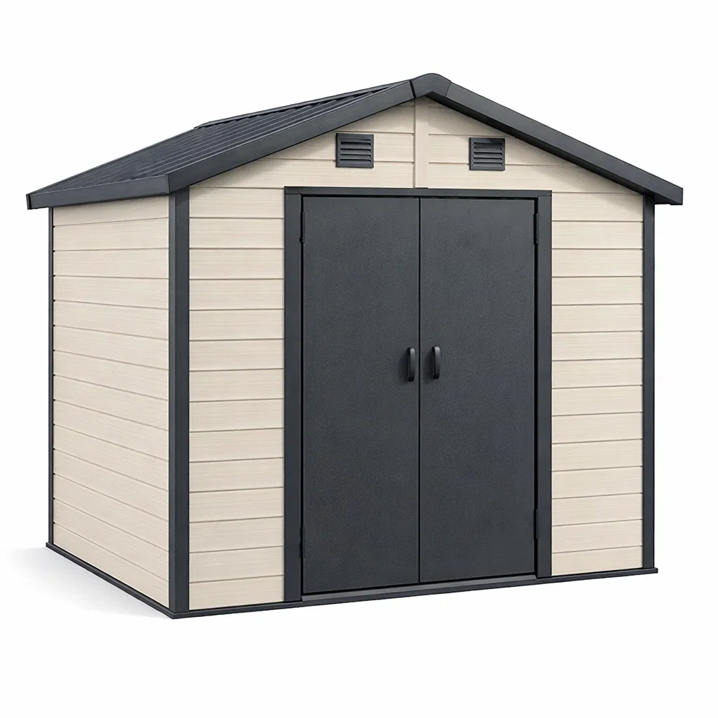 Kunststoff Gartenhaus mit Doppeltüren und Belüftung, 214 cm x 130 cm x 185 cm, Beige/Anthrazit-furnzora
