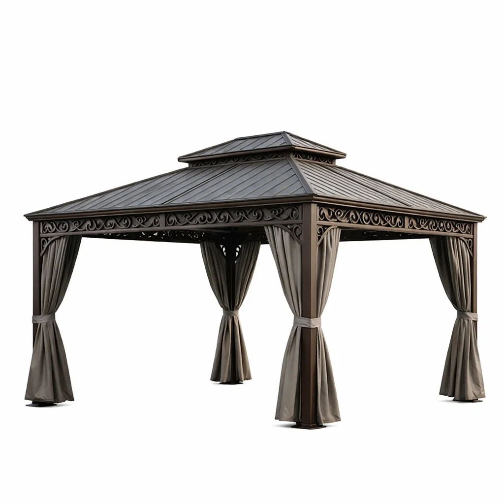 Gartenpavillon aus Aluminium mit Polyester-Vorhängen in Braun-furnzora