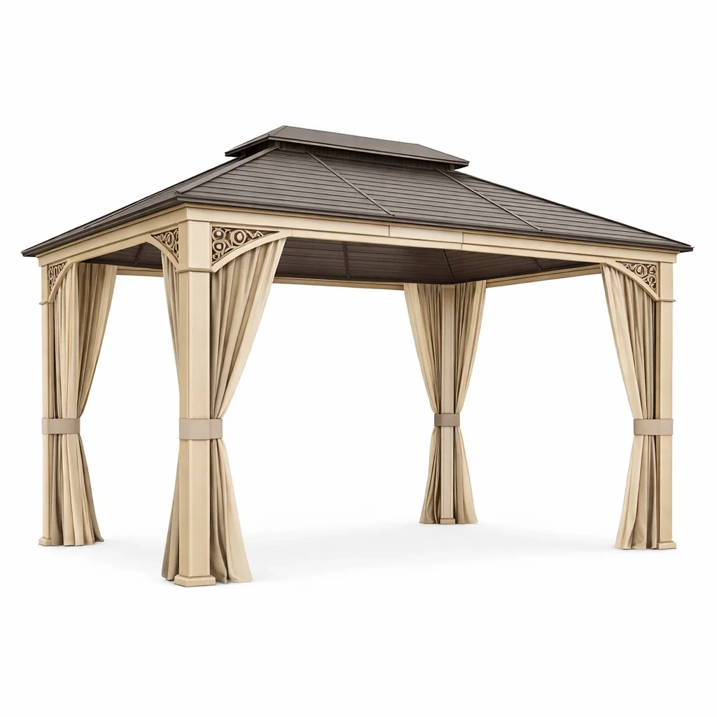 Pavillon aus Aluminium mit Polyester-Dach und Vorhängen Beige 400x300 cm-furnzora