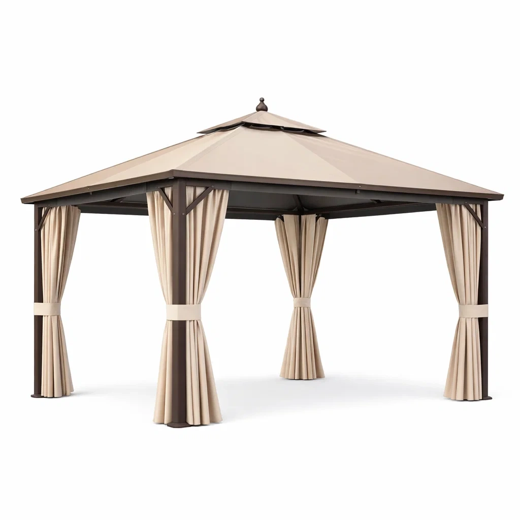 Gartenpavillon aus Aluminium mit Polyester Vorhängen 3x3m Braun/Beige-furnzora