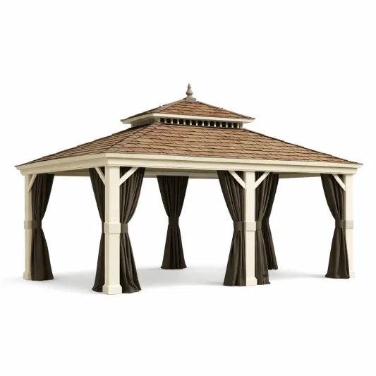 Holzpavillon mit Schindeldach und Polyestervorhängen 400x300cm Outdoor-furnzora