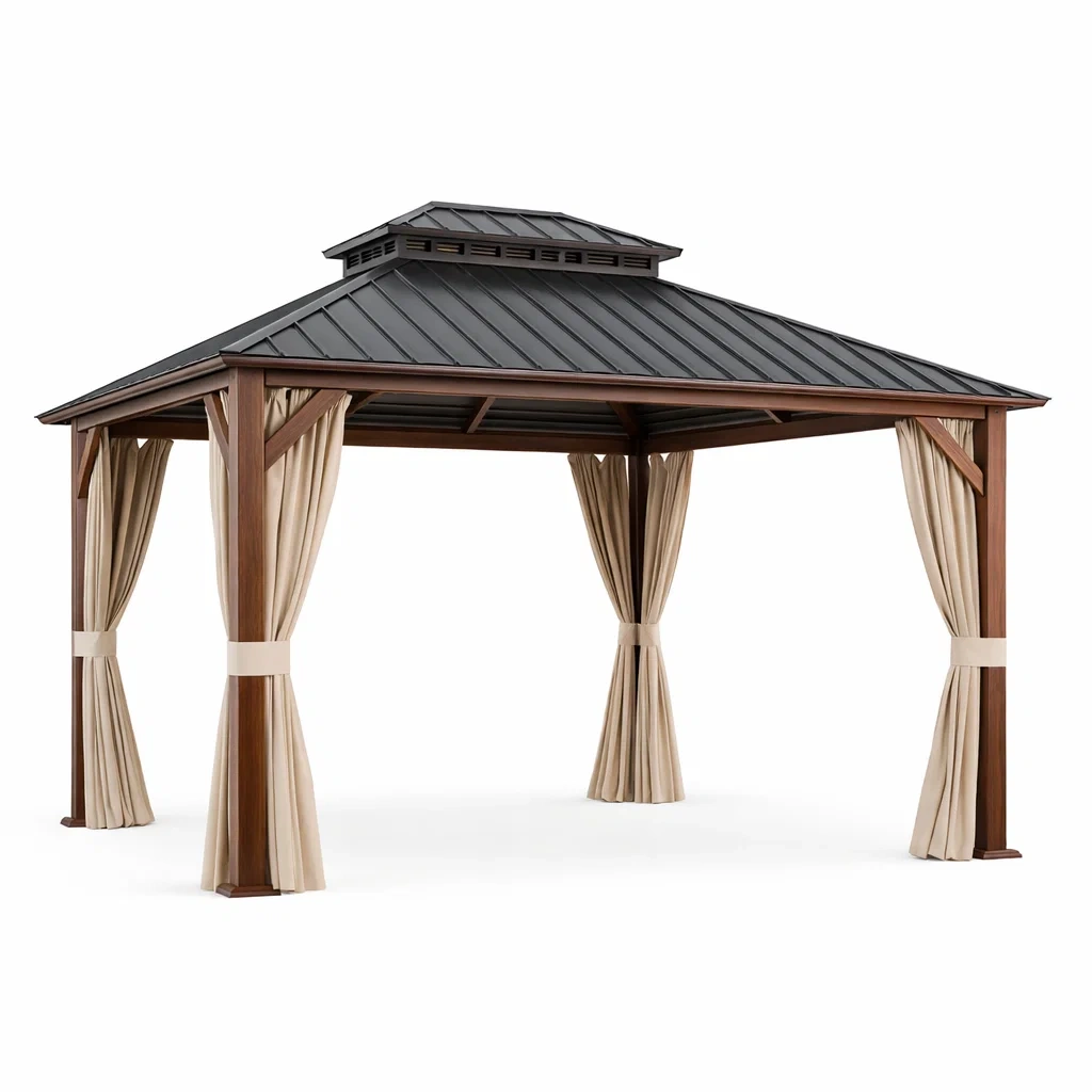 Gartenpavillon aus Aluminium mit Stahl-Dach und Polyester-Vorhängen-furnzora