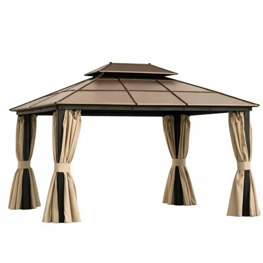 Metall Pavillon mit Doppeldach und Polyester Vorhängen Beige 3x4m-furnzora