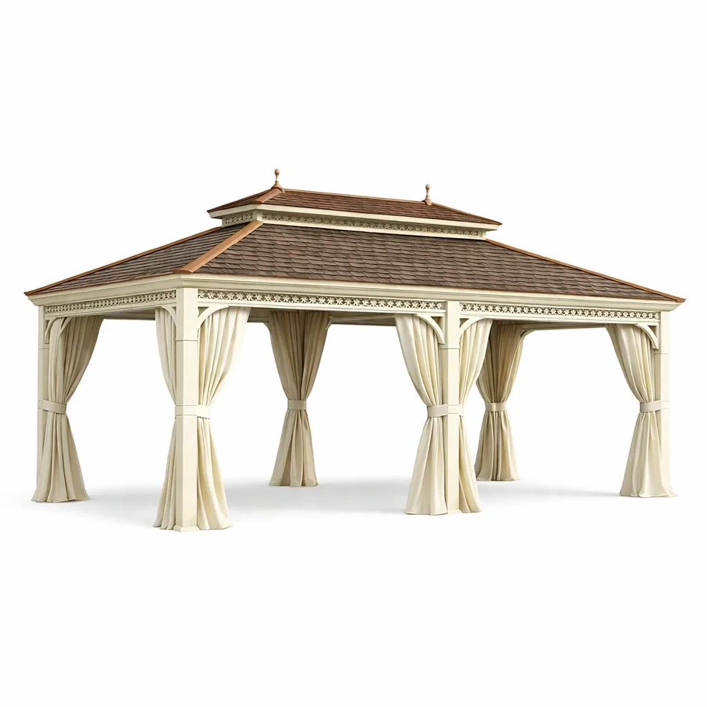 Aluminium Pavillon mit Bitumendach und Polyester Vorhängen Beige 400x300x270 cm-furnzora