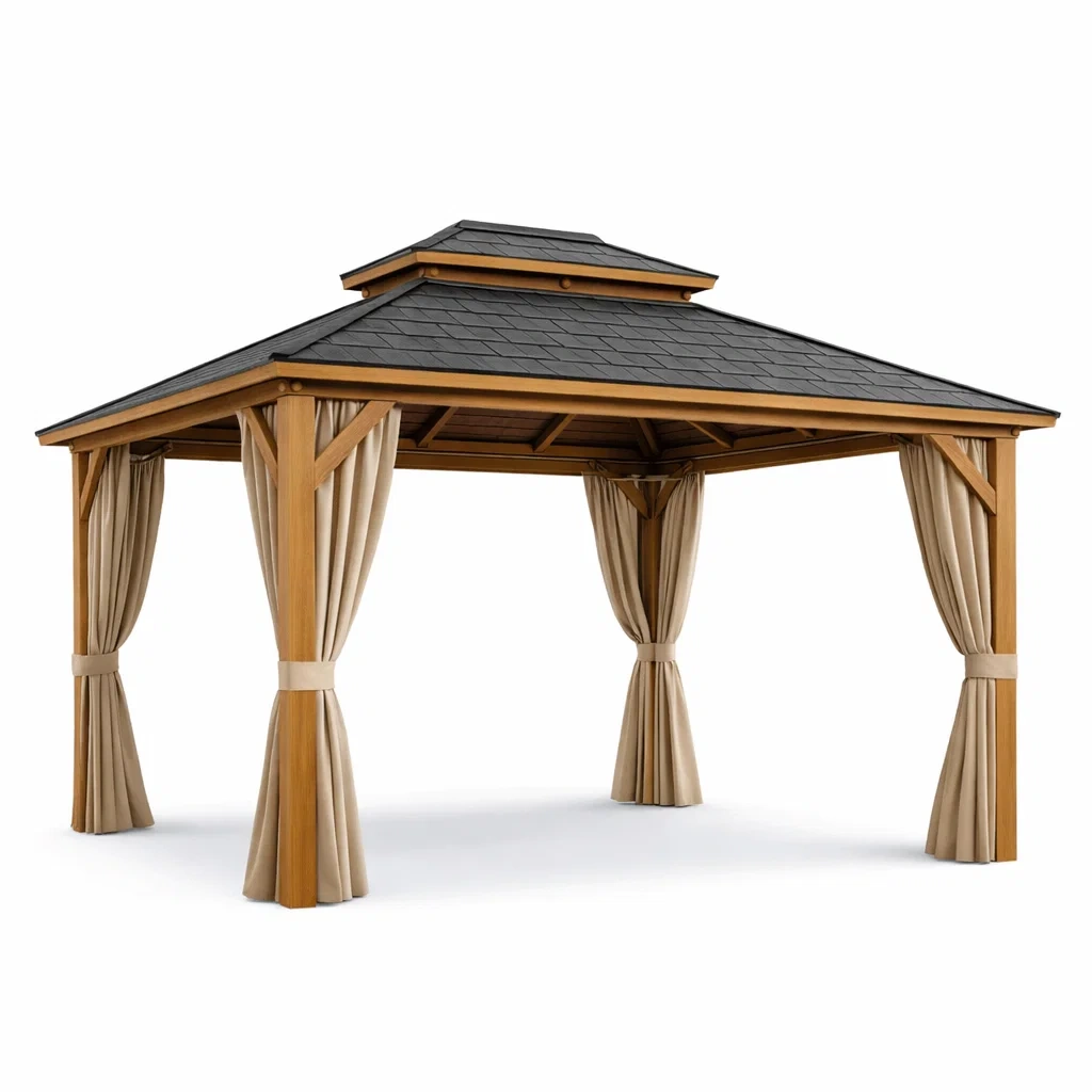 Pavillon aus Holz mit schwarzem Dach und beigen Vorhängen-furnzora