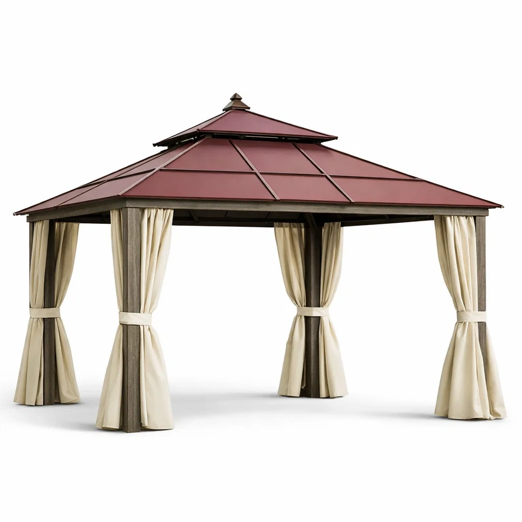 Metall-Pavillon mit Vorhängen 400x300x270 cm Rot/Braun/Beige-furnzora