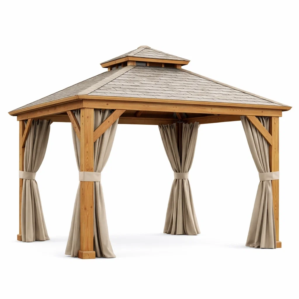 Holzpavillon mit Schindeldach und Polyester-Vorhängen, 3x3m, Natur/Braun-furnzora
