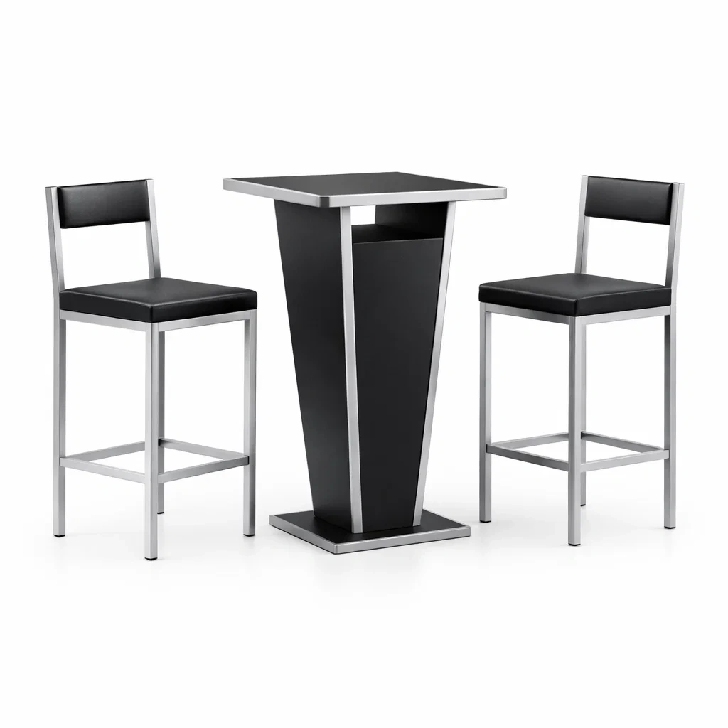 Bartisch-Set aus Edelstahl und Kunstleder Schwarz-furnzora