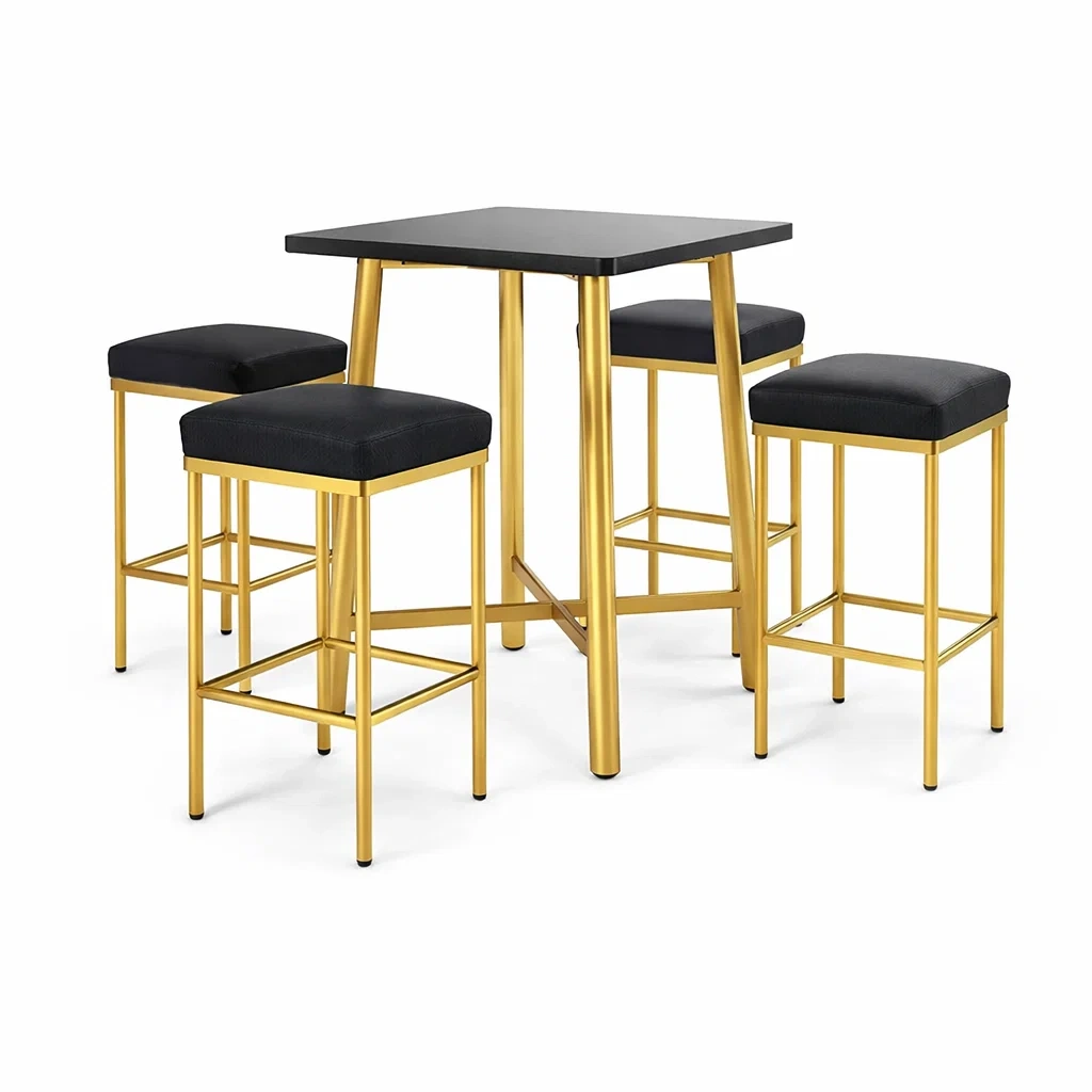 Esstischset Metall Schwarz Gold mit 4 Hockern-furnzora