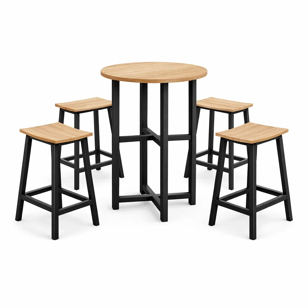 Bartisch Set mit 4 Hockern aus Holz und Metall, Tischhöhe 100 cm-furnzora