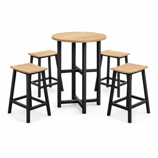 Bartisch Set mit 4 Hockern aus Holz und Metall, Tischhöhe 100 cm-furnzora