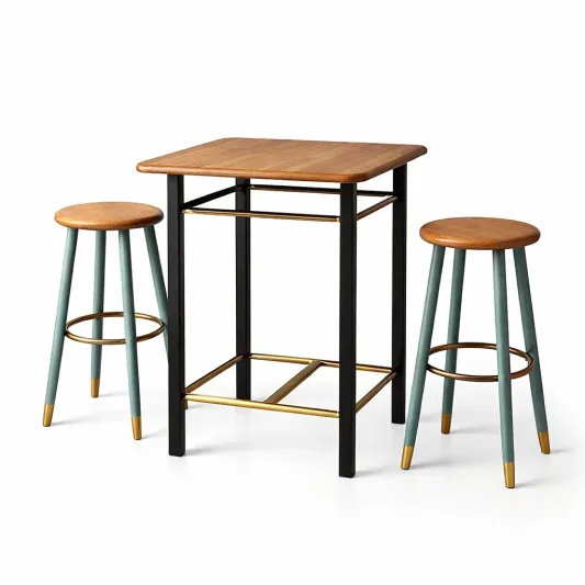 Bar Tisch Set mit 2 Hockern Massivholz/Metall Eiche/Grün-furnzora