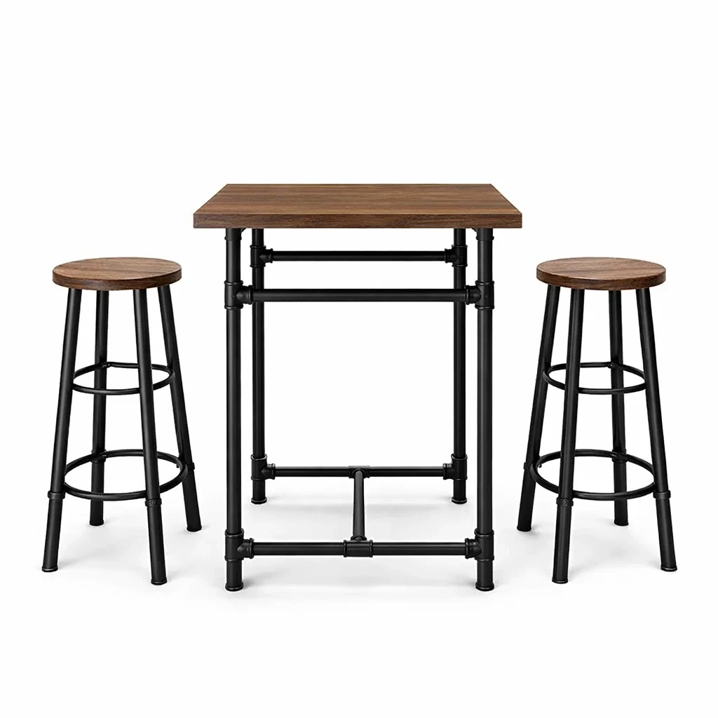 Holz-Metall Bar-Set mit Tisch und zwei Hockern-furnzora