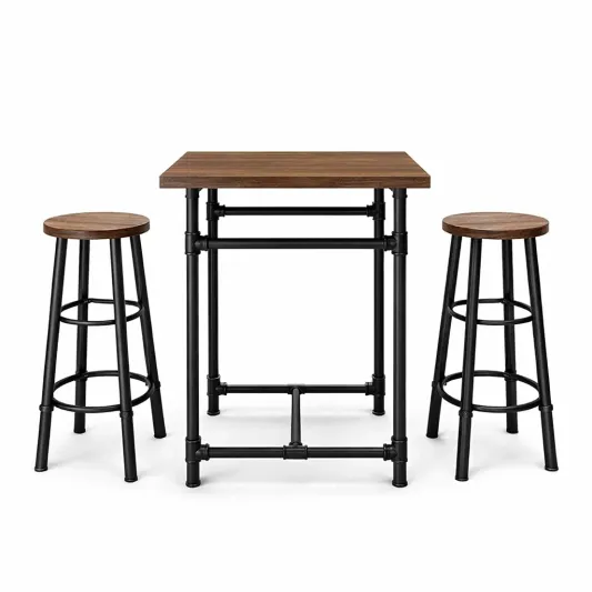 Holz-Metall Bar-Set mit Tisch und zwei Hockern-furnzora